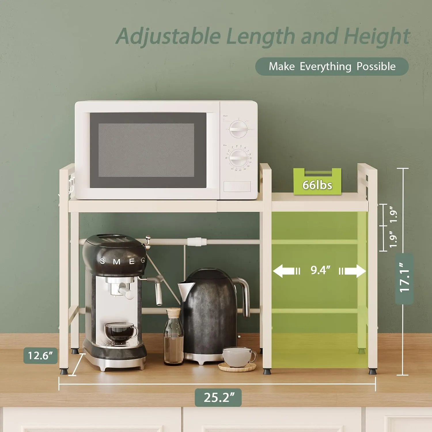 NETEL Expandable Microwave Stand,2 Tier Metal Kitchen Countertop Organizer Shelves with 8 Hooks,Bakers Rack,Microwave Shelf,Microwave Oven Rack,55lbs Weight Capacity