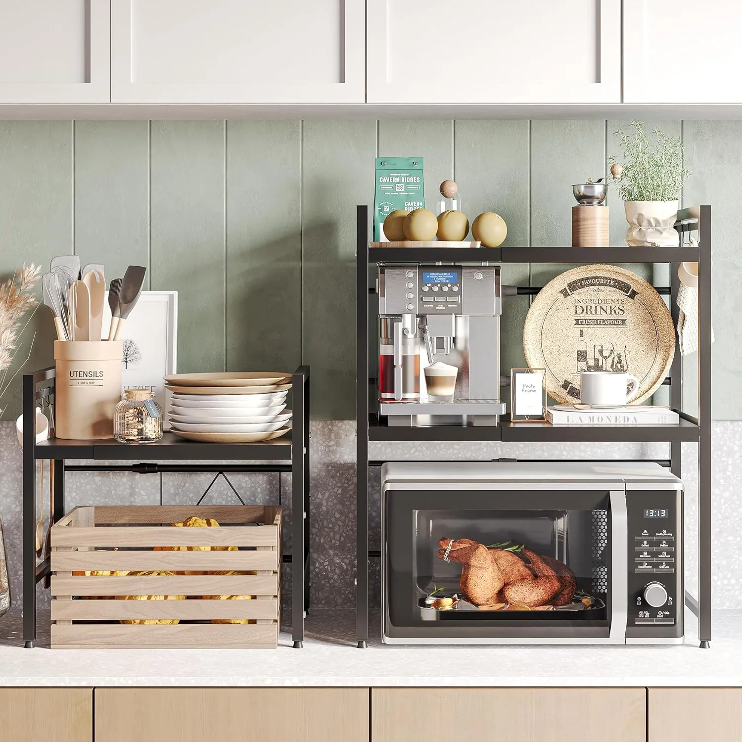 NETEL Expandable Microwave Stand,2 Tier Metal Kitchen Countertop Organizer Shelves with 8 Hooks,Bakers Rack,Microwave Shelf,Microwave Oven Rack,55lbs Weight Capacity