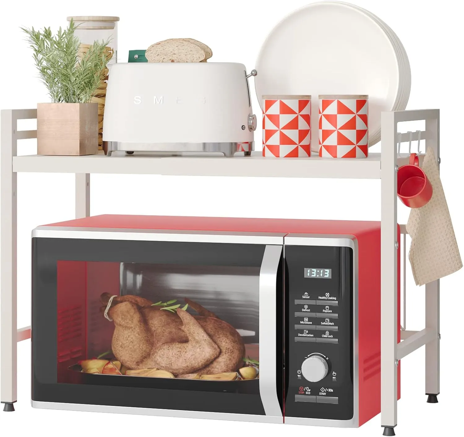 NETEL Expandable Microwave Stand,2 Tier Metal Kitchen Countertop Organizer Shelves with 8 Hooks,Bakers Rack,Microwave Shelf,Microwave Oven Rack,55lbs Weight Capacity