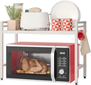 NETEL Expandable Microwave Stand,2 Tier Metal Kitchen Countertop Organizer Shelves with 8 Hooks,Bakers Rack,Microwave Shelf,Microwave Oven Rack,55lbs Weight Capacity