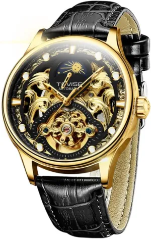 New Hollow Out Mechanical Watch with Waterproof Night Light and Moon Phase Display, Comfortable Leather Strap, Fully Automatic Men's Mechanical Watch