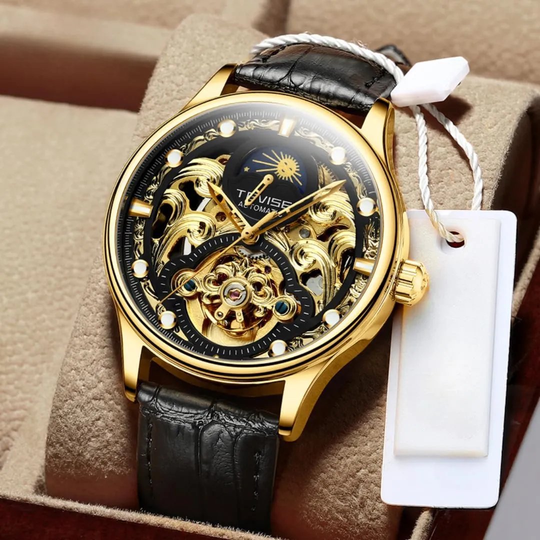 New Hollow Out Mechanical Watch with Waterproof Night Light and Moon Phase Display, Comfortable Leather Strap, Fully Automatic Men's Mechanical Watch