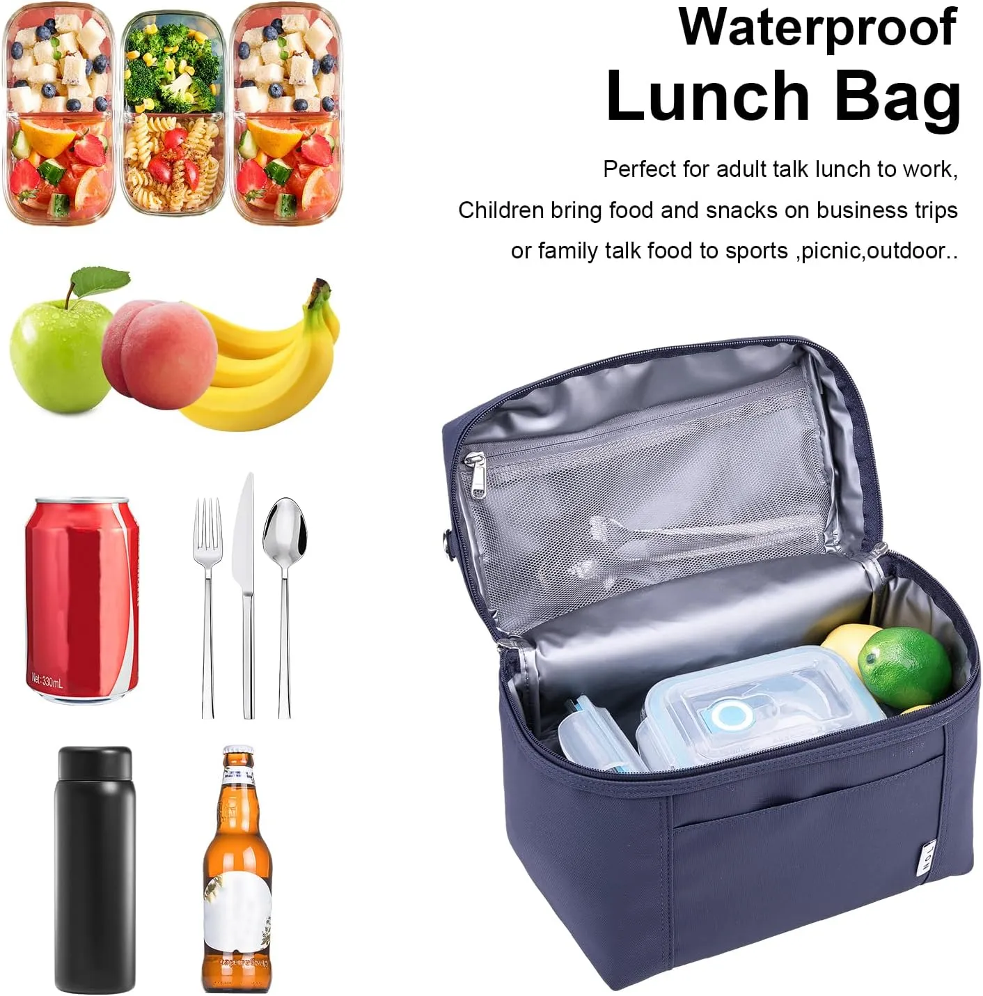 NOL Natural Organic Lifestyle Insulated Lunch Bags for Women Cooler Bag Lightweight Nylon Waterproof Lunch Box For Work (Navy blue, Medium(normal))