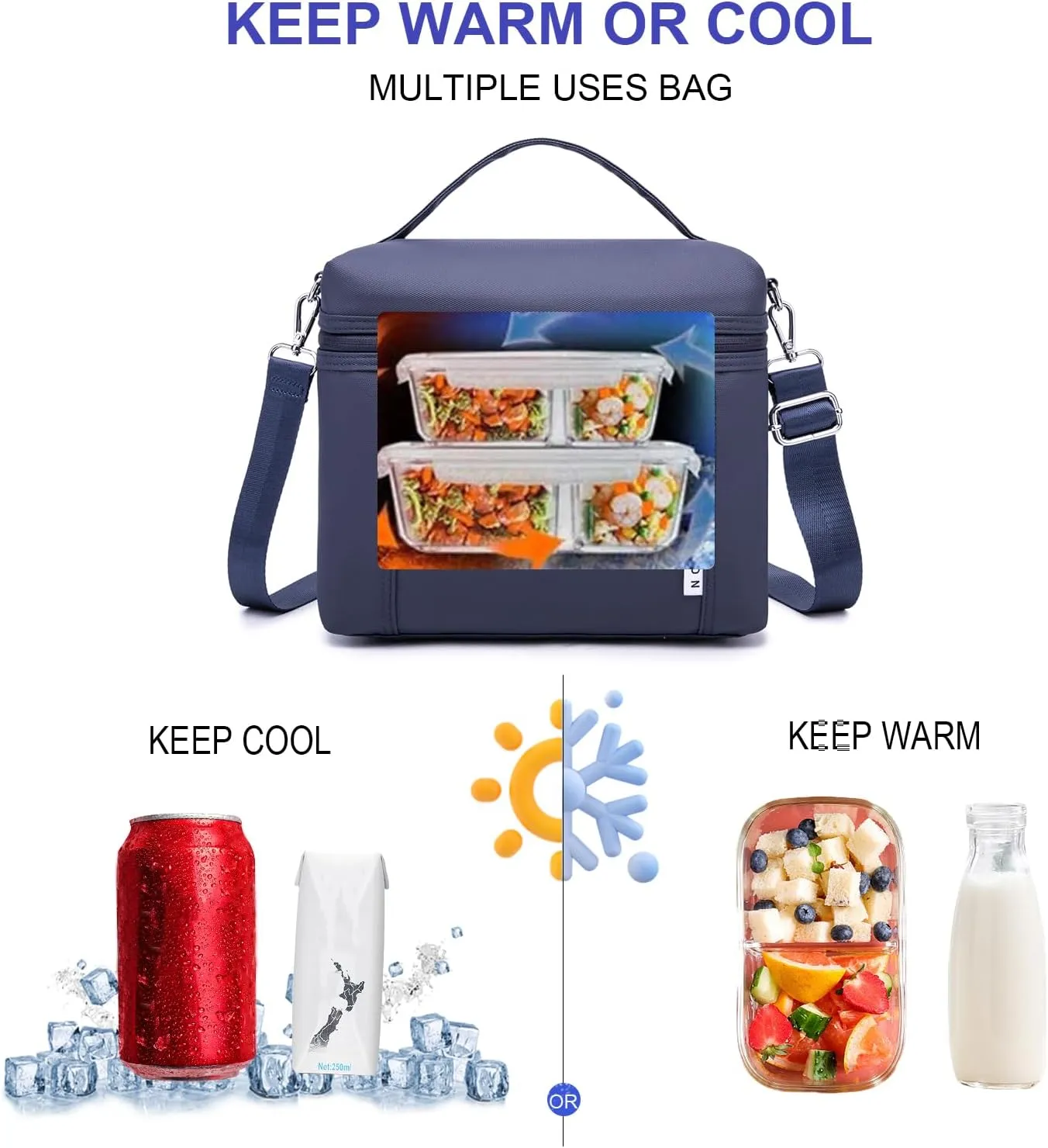 NOL Natural Organic Lifestyle Insulated Lunch Bags for Women Cooler Bag Lightweight Nylon Waterproof Lunch Box For Work (Navy blue, Medium(normal))