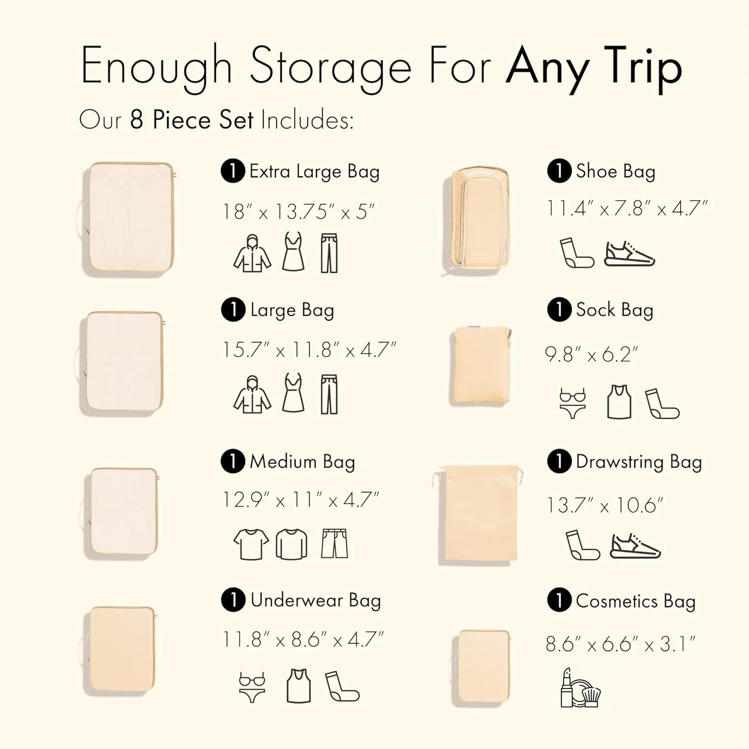 (Not Made In China) 8 Set Packing Cubes For Travel, Luggage and Suitcase Organizer Bags, Cruise Ship Essentials, TSA and Airline Approved Travel Accessories (Cream)
