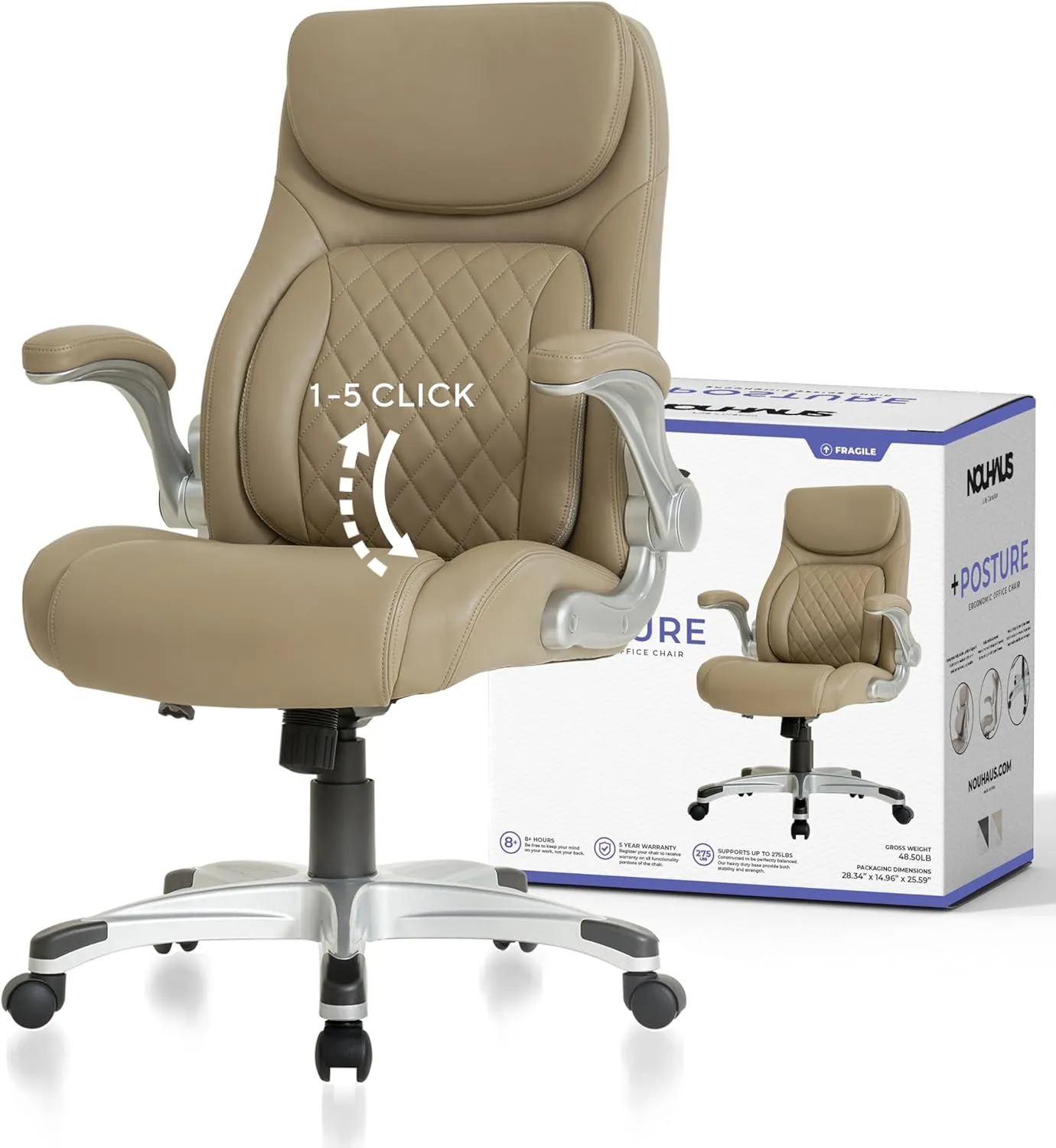 Nouhaus  Posture Ergonomic PU Leather Office Chair. Click5 Lumbar Support with FlipAdjust Armrests. Modern Executive Chair and Computer Desk Chair (Taupe)
