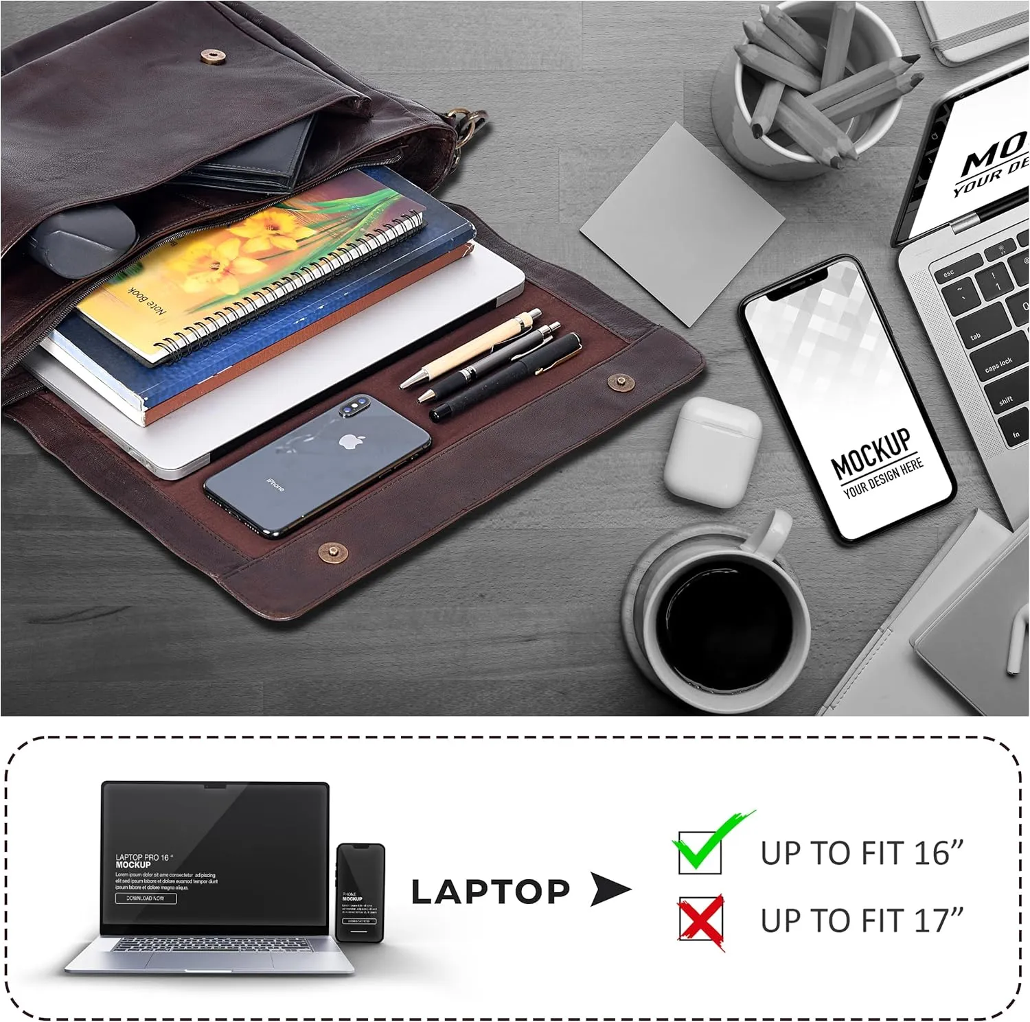 Oak Leathers Leather Messenger Bag for Men and Women - Laptop Briefcase Bag For College, Office, Adjustable Shoulder Strap