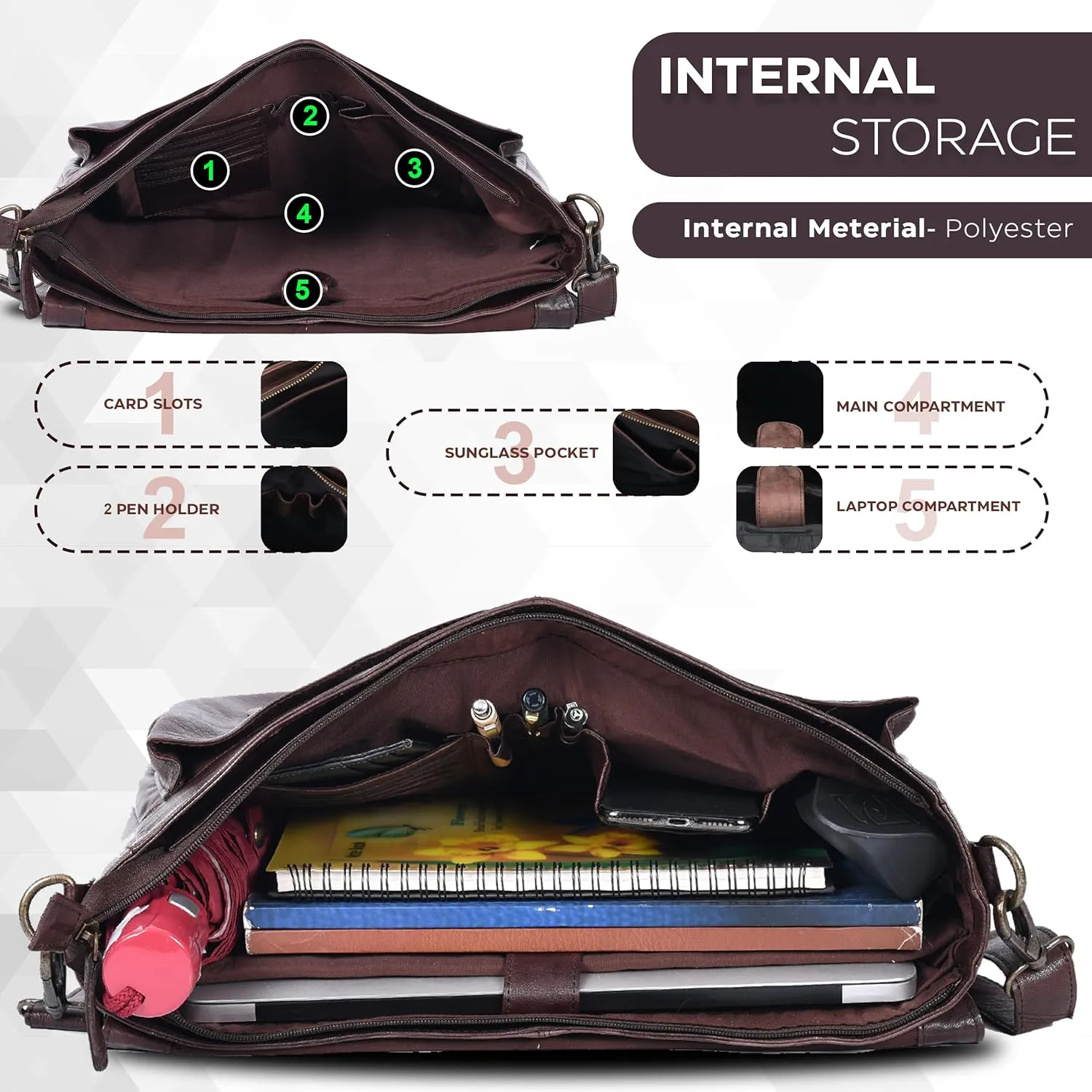 Oak Leathers Leather Messenger Bag for Men and Women - Laptop Briefcase Bag For College, Office, Adjustable Shoulder Strap