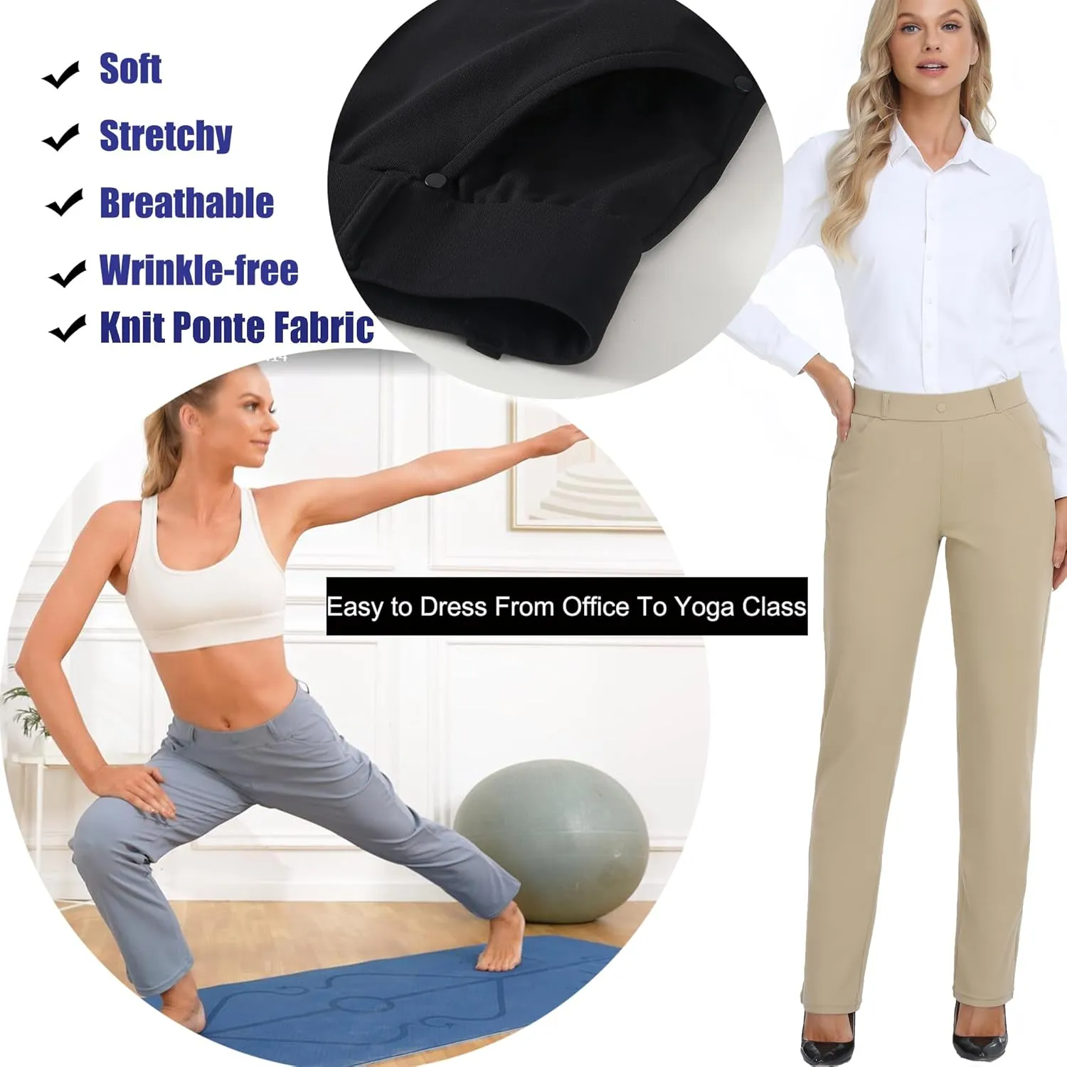 Oalka Women's Dress Pants Straight Leg Yoga Work Stretchy Pant for Office Business