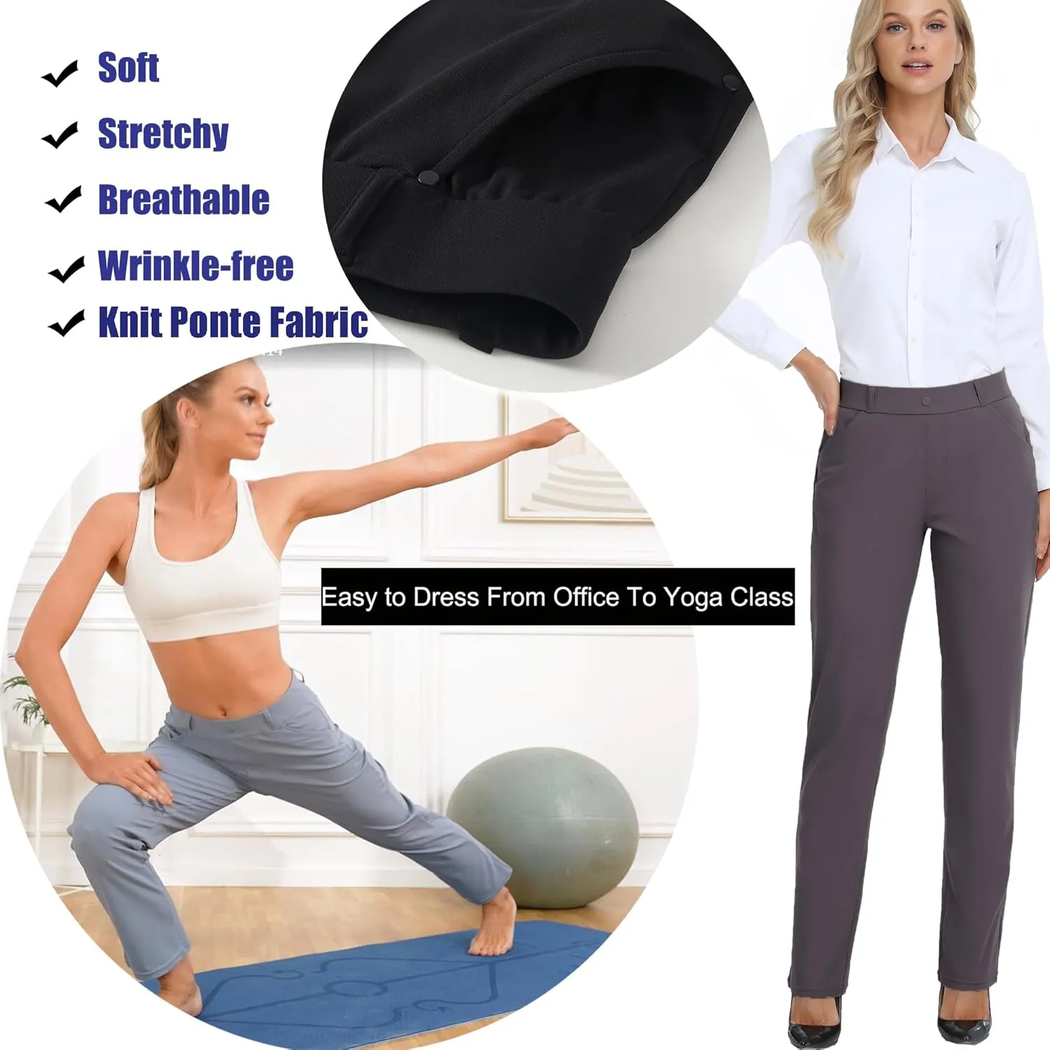 Oalka Women's Dress Pants Straight Leg Yoga Work Stretchy Pant for Office Business