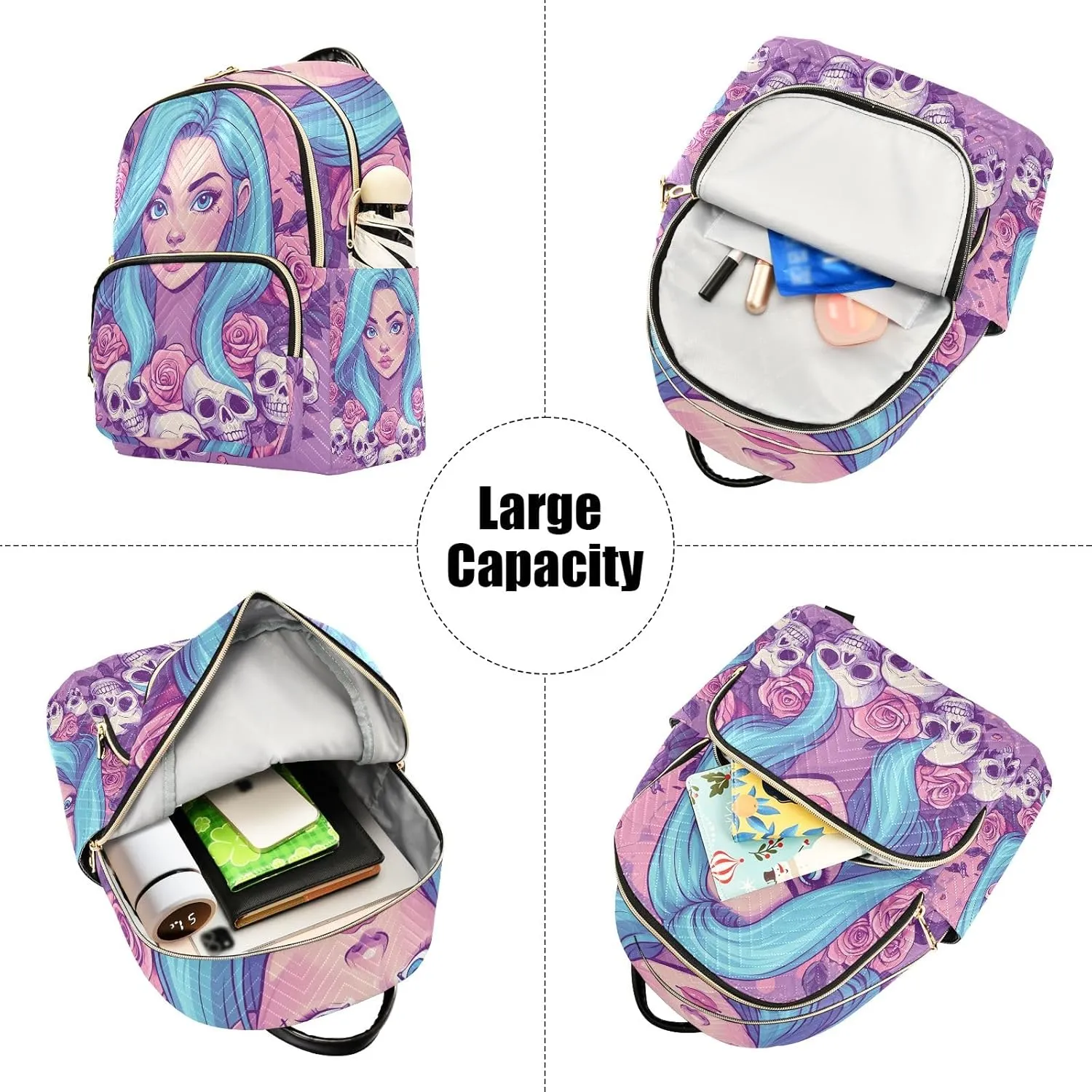 ODAWA Cartoon Women with Blue Hair Quilted Backpack Purse for Women Women Backpack Purse Cute Travel Backpack