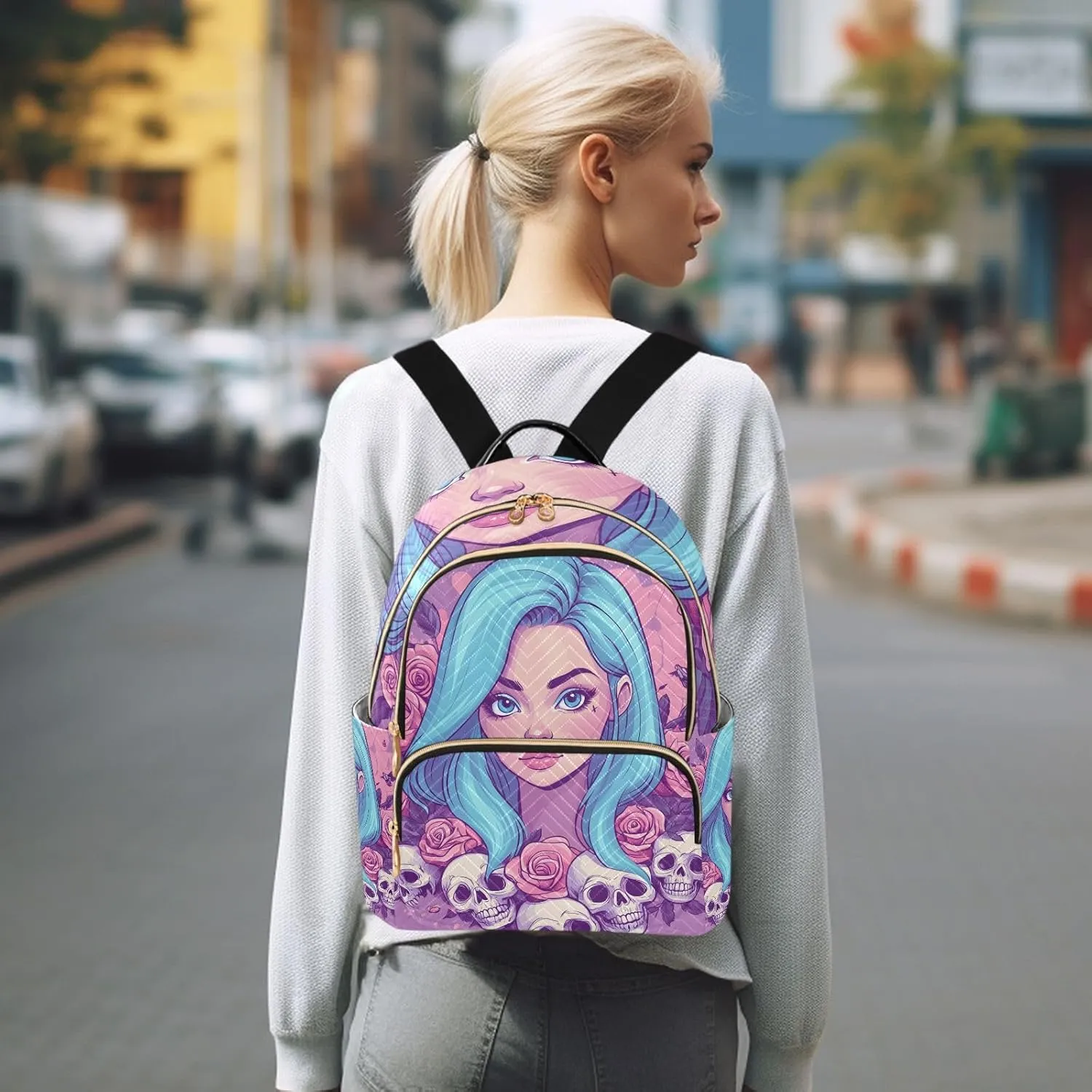 ODAWA Cartoon Women with Blue Hair Quilted Backpack Purse for Women Women Backpack Purse Cute Travel Backpack