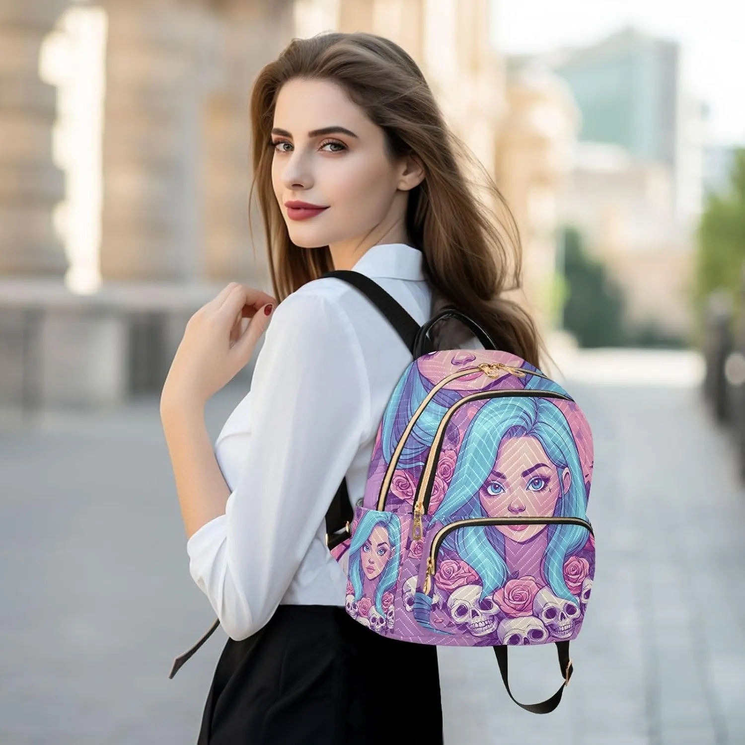 ODAWA Cartoon Women with Blue Hair Quilted Backpack Purse for Women Women Backpack Purse Cute Travel Backpack