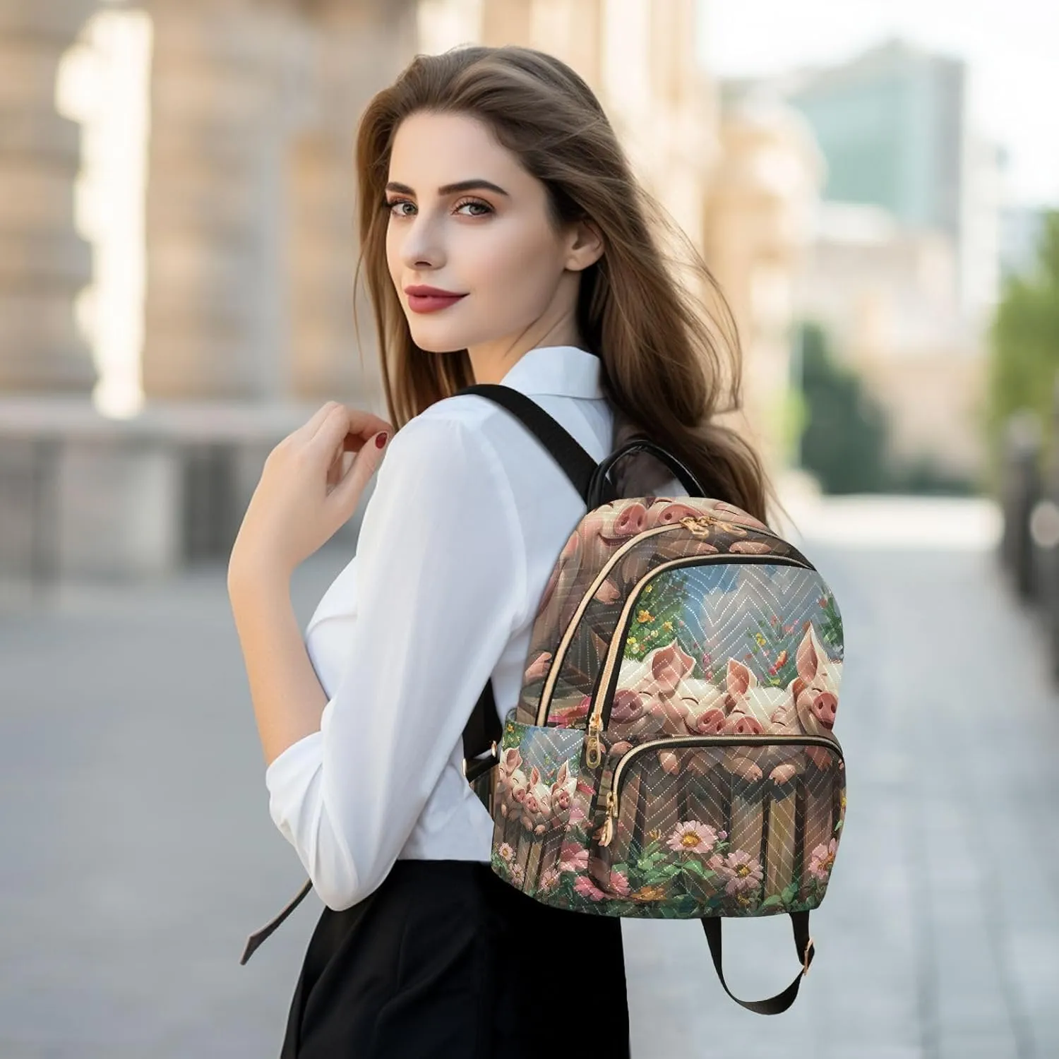 ODAWA Cute Pigs Cartoon Quilted Backpack Women Mini Backpack Backpack with Luggage Strap