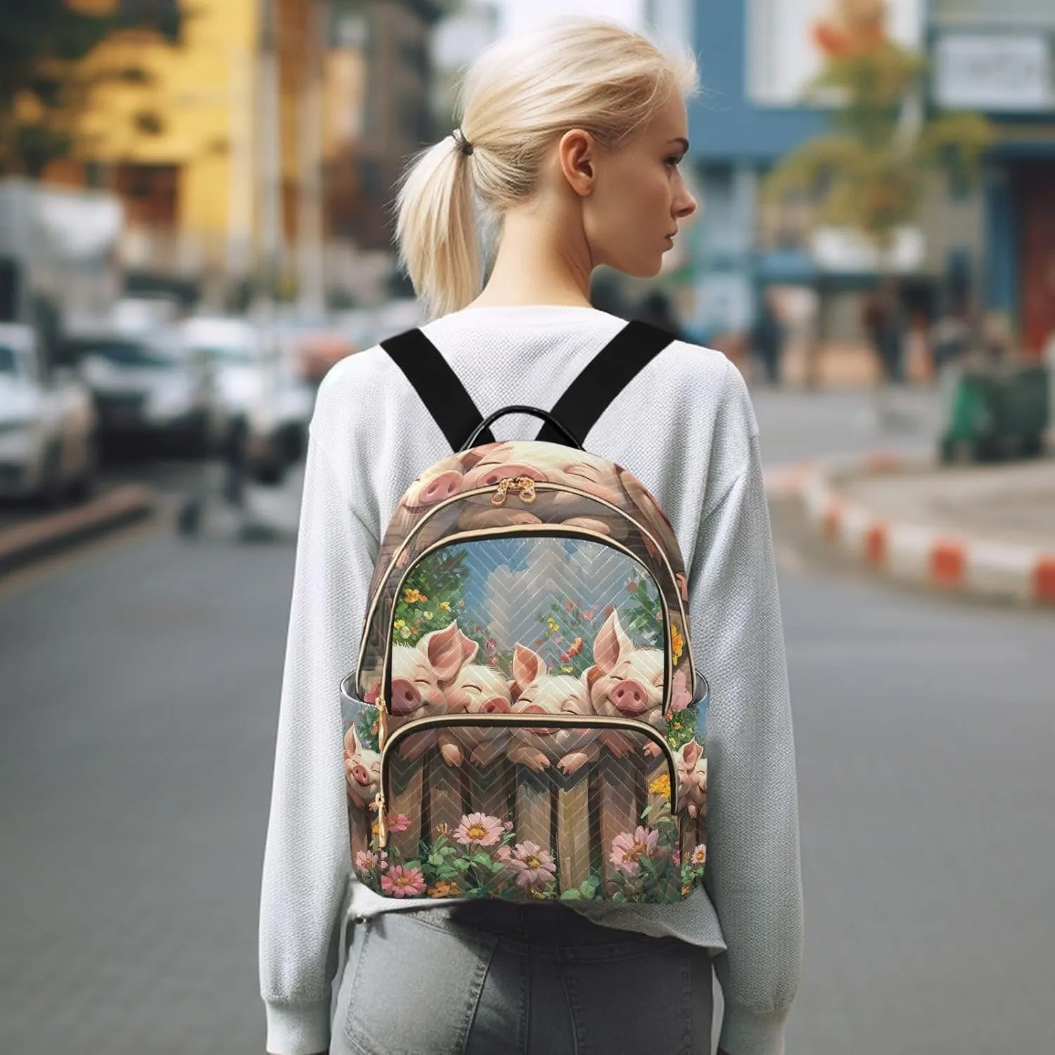 ODAWA Cute Pigs Cartoon Quilted Backpack Women Mini Backpack Backpack with Luggage Strap