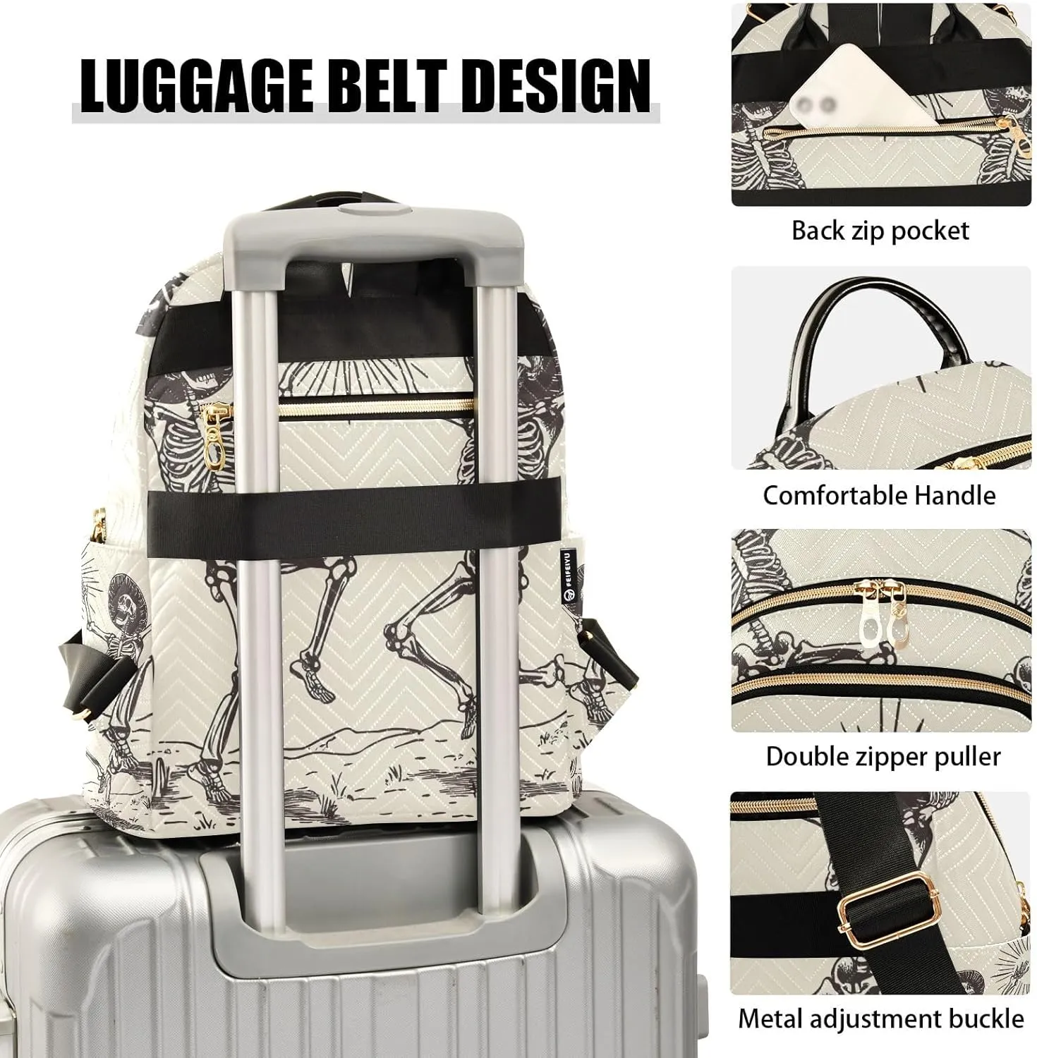 ODAWA Dancing Skeletal Cowboys Small Fashion Backpack Quilted Backpack Purse for Women