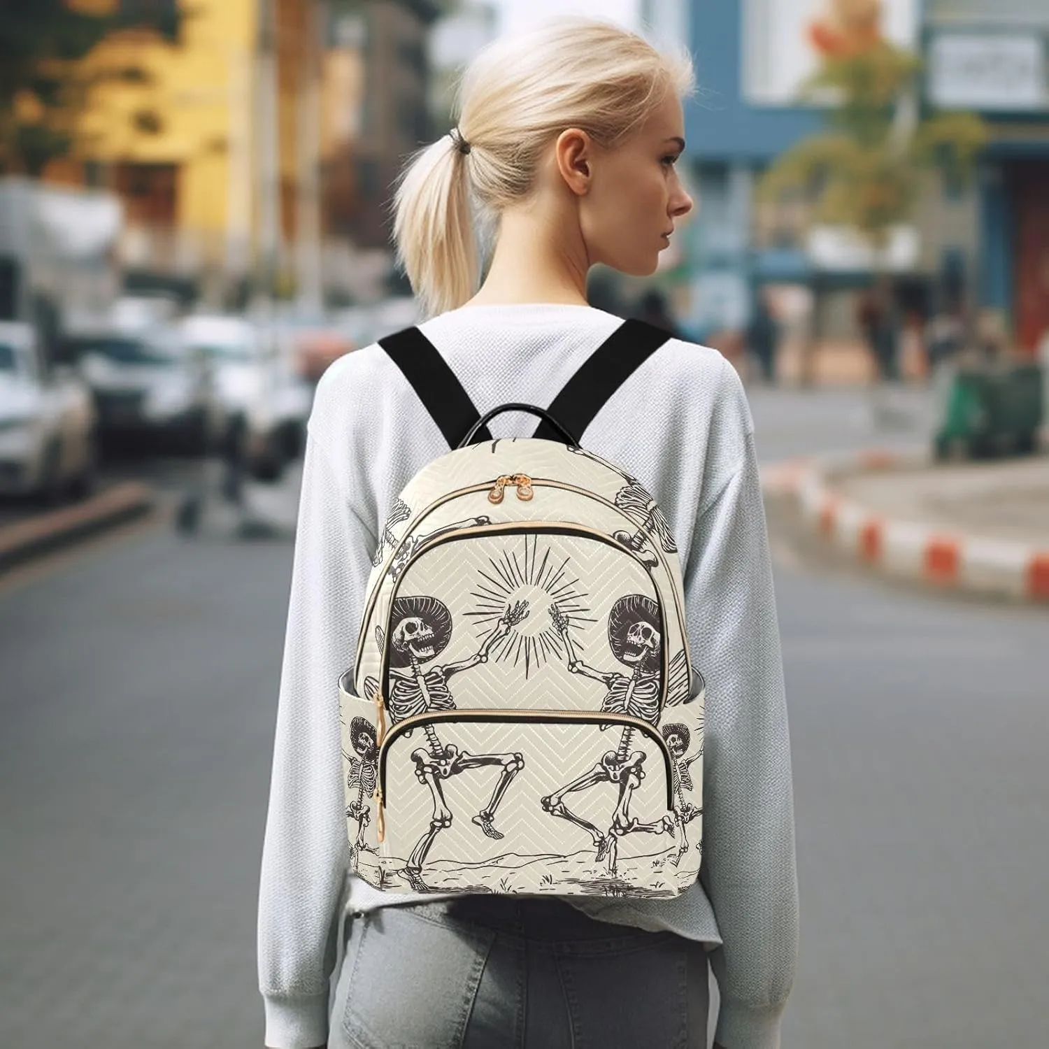 ODAWA Dancing Skeletal Cowboys Small Fashion Backpack Quilted Backpack Purse for Women