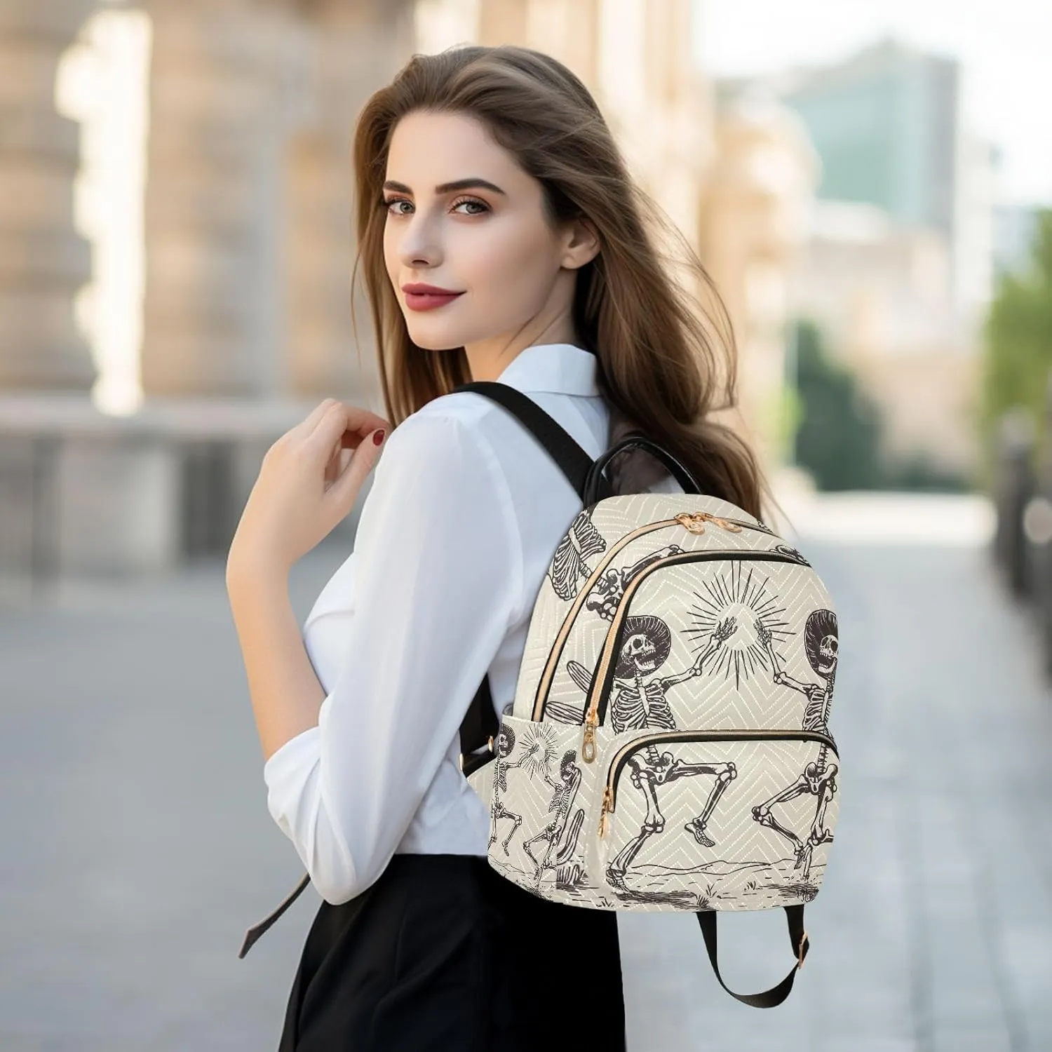 ODAWA Dancing Skeletal Cowboys Small Fashion Backpack Quilted Backpack Purse for Women