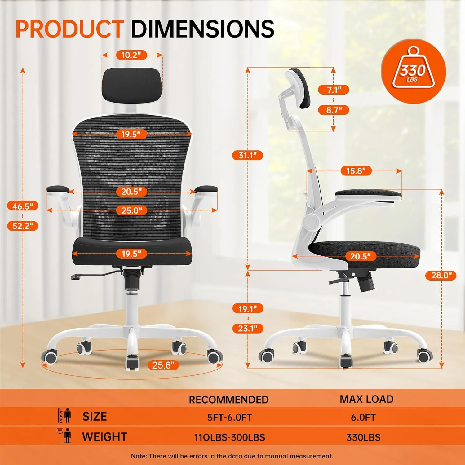 Office Chair Ergonomic Desk Chair, 330LBS Capacity, High Back Computer Chair for Long Hours Comfortable, Rolling Swivel Chair for Home Office, Flip-up Armrests，Grey Black