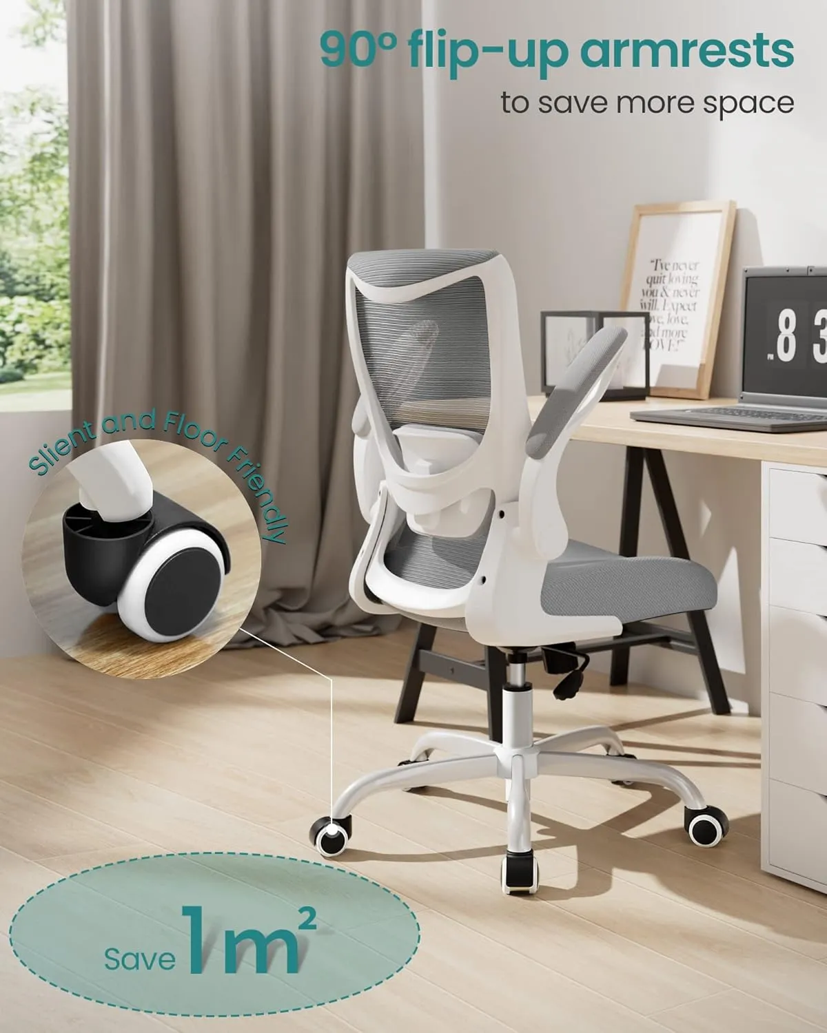 Office Chair, Ergonomic Desk Chair with Adjustable Lumbar Support and Flip up Armrest, Breathable Mesh Computer Chair for Home Office, Gray