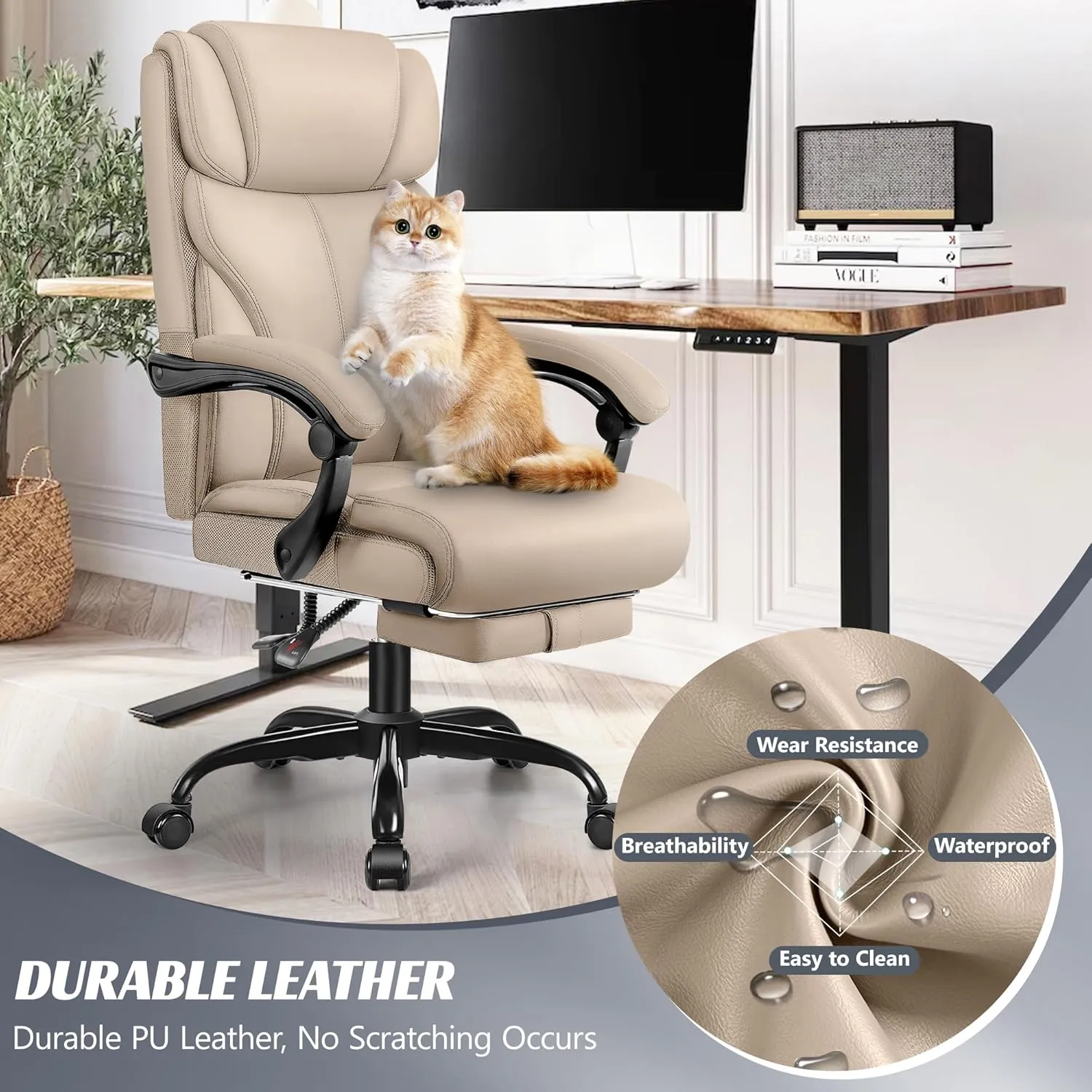 Office Chair, Executive Leather Chair Big and Tall Ergonomic Computer Desk Chairs, Comfy Swivel Rolling Reclining Lumbar Support Task Chair with Adjustable High Back Foot Rest for Home Gaming