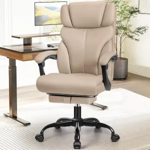Office Chair, Executive Leather Chair Big and Tall Ergonomic Computer Desk Chairs, Comfy Swivel Rolling Reclining Lumbar Support Task Chair with Adjustable High Back Foot Rest for Home Gaming