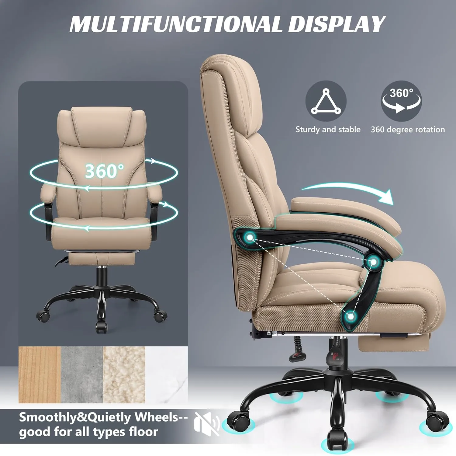 Office Chair, Executive Leather Chair Big and Tall Ergonomic Computer Desk Chairs, Comfy Swivel Rolling Reclining Lumbar Support Task Chair with Adjustable High Back Foot Rest for Home Gaming