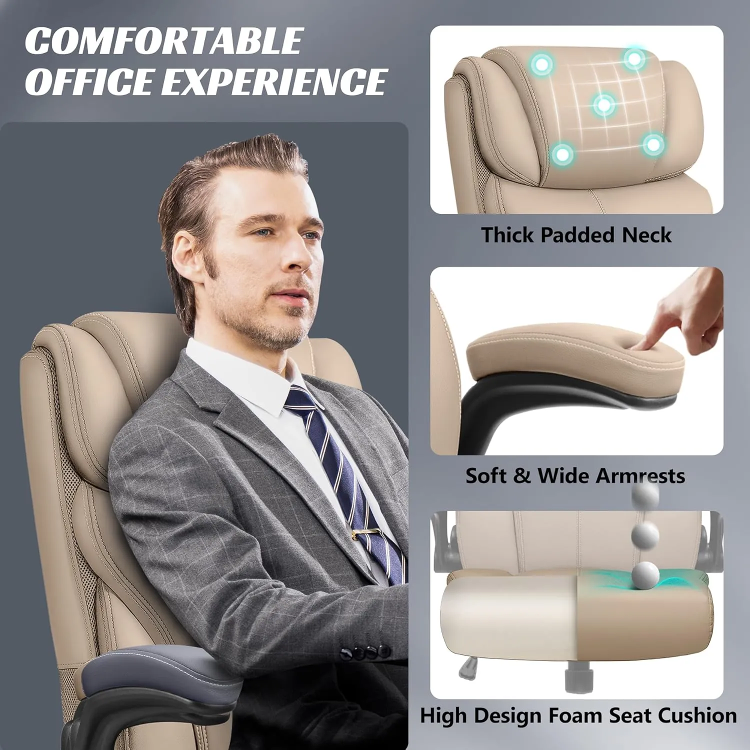 Office Chair, Executive Leather Chair Big and Tall Ergonomic Computer Desk Chairs, Comfy Swivel Rolling Reclining Lumbar Support Task Chair with Adjustable High Back Foot Rest for Home Gaming