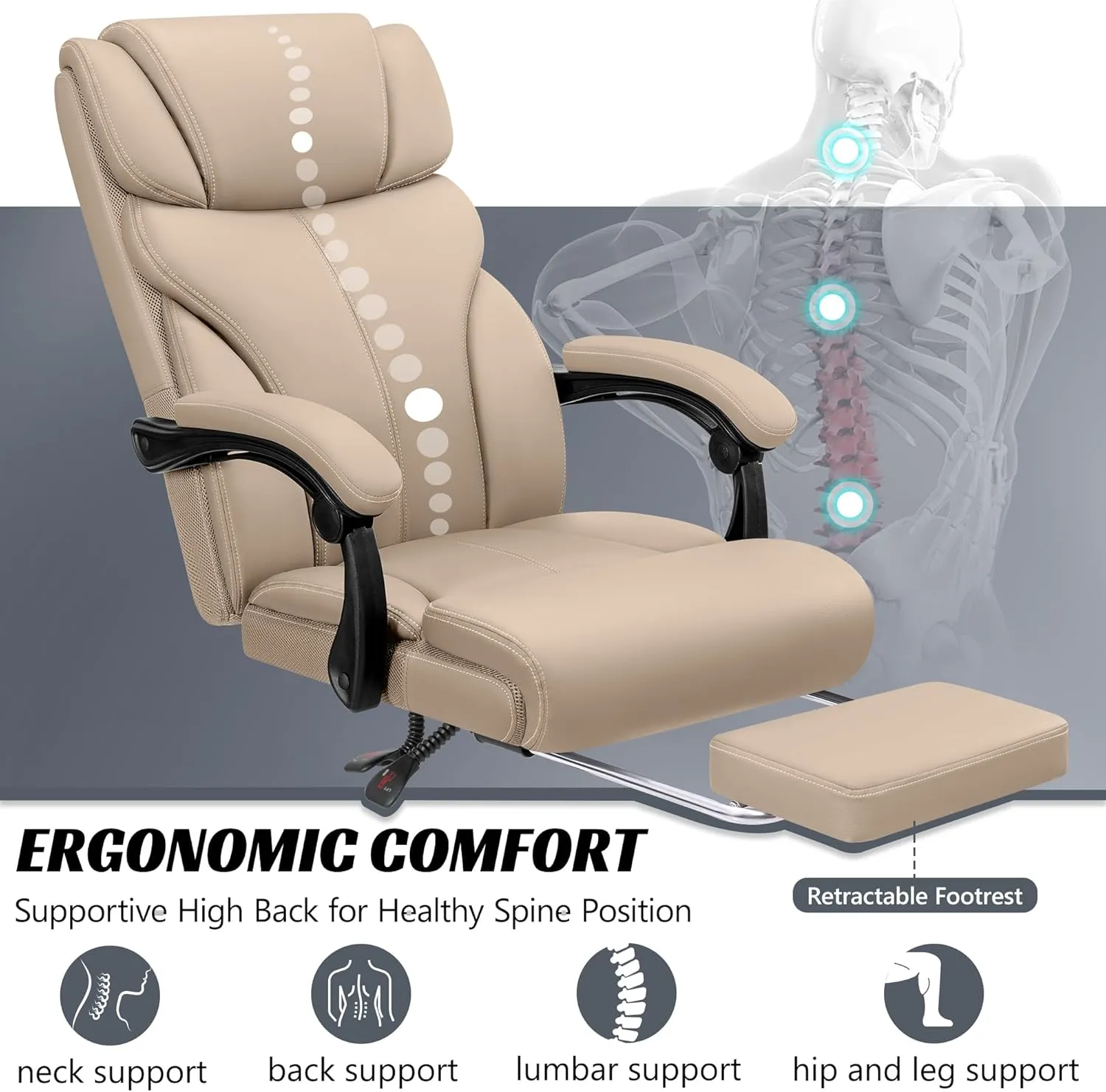 Office Chair, Executive Leather Chair Big and Tall Ergonomic Computer Desk Chairs, Comfy Swivel Rolling Reclining Lumbar Support Task Chair with Adjustable High Back Foot Rest for Home Gaming