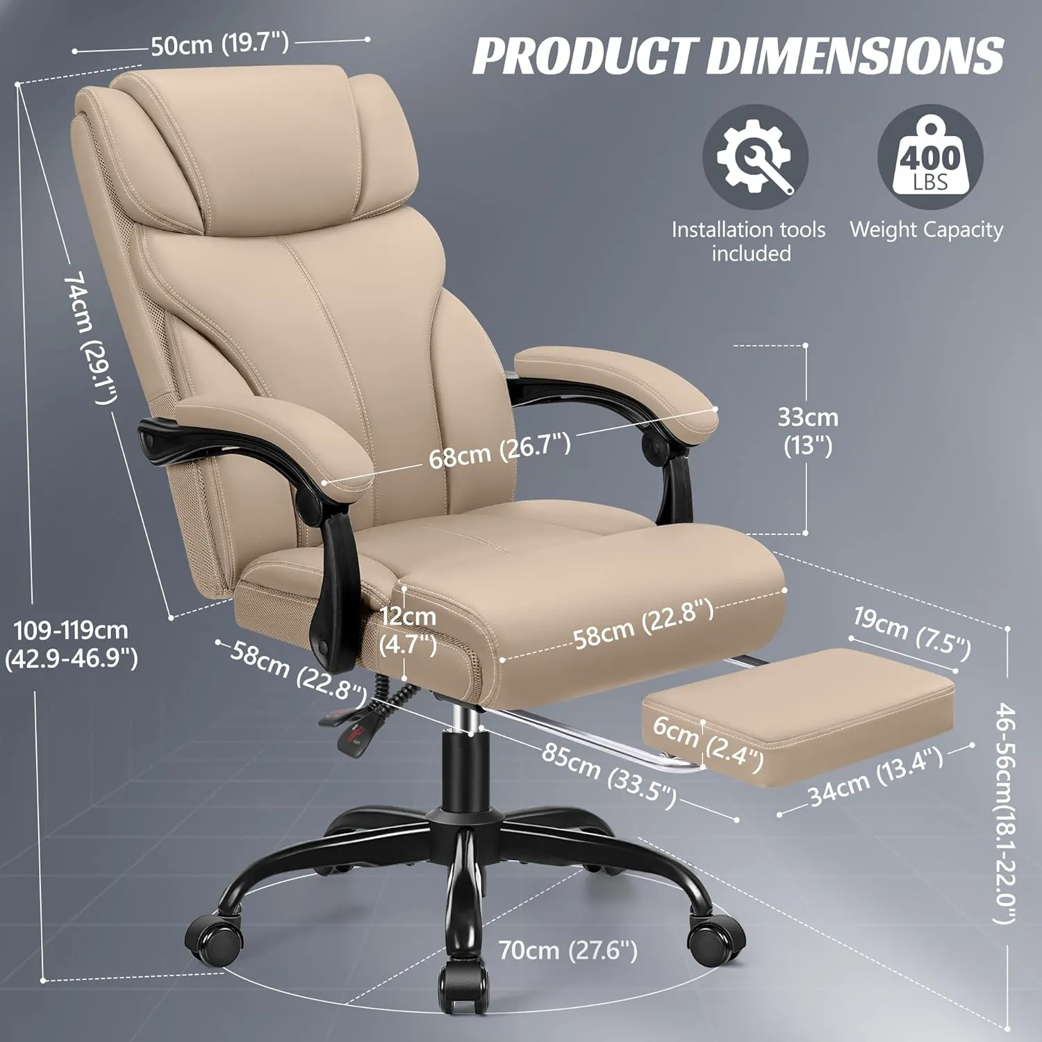 Office Chair, Executive Leather Chair Big and Tall Ergonomic Computer Desk Chairs, Comfy Swivel Rolling Reclining Lumbar Support Task Chair with Adjustable High Back Foot Rest for Home Gaming
