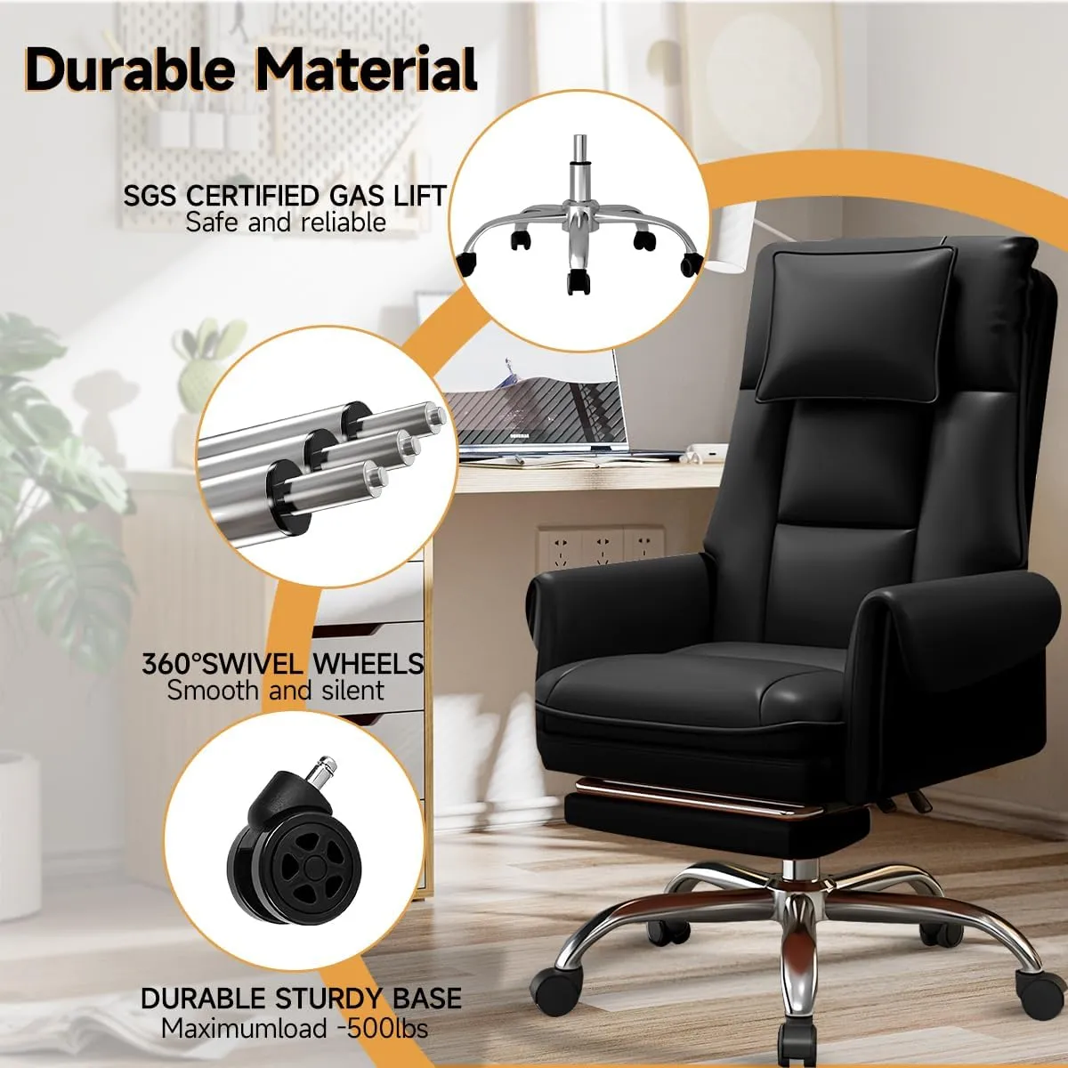 Office Chair with Retractable Footrest, Heavy-Duty Ergonomic Chair, Adjustable Height High Back Computer Gaming Chairs