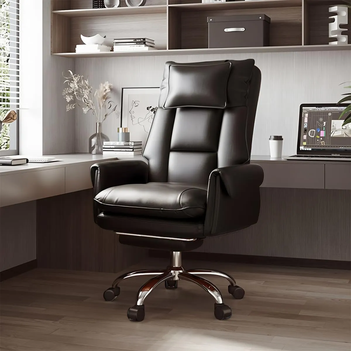 Office Chair with Retractable Footrest, Heavy-Duty Ergonomic Chair, Adjustable Height High Back Computer Gaming Chairs