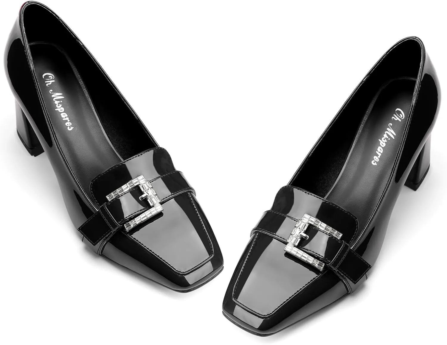 Oh Mispares Mid Heel Pumps Square Closed Toe Block Heels Rhinestone Crystal Buckle Slip on Comfortable Dress Chunky Heeled Shoes for Women