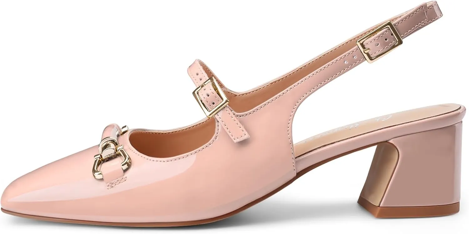 Oh Mispares Slingbacks Block Heels for Women Square Toe Low Heels Adjustable Buckle Strap Slip on Fashion Slingback Spring Summer Dress Pumps