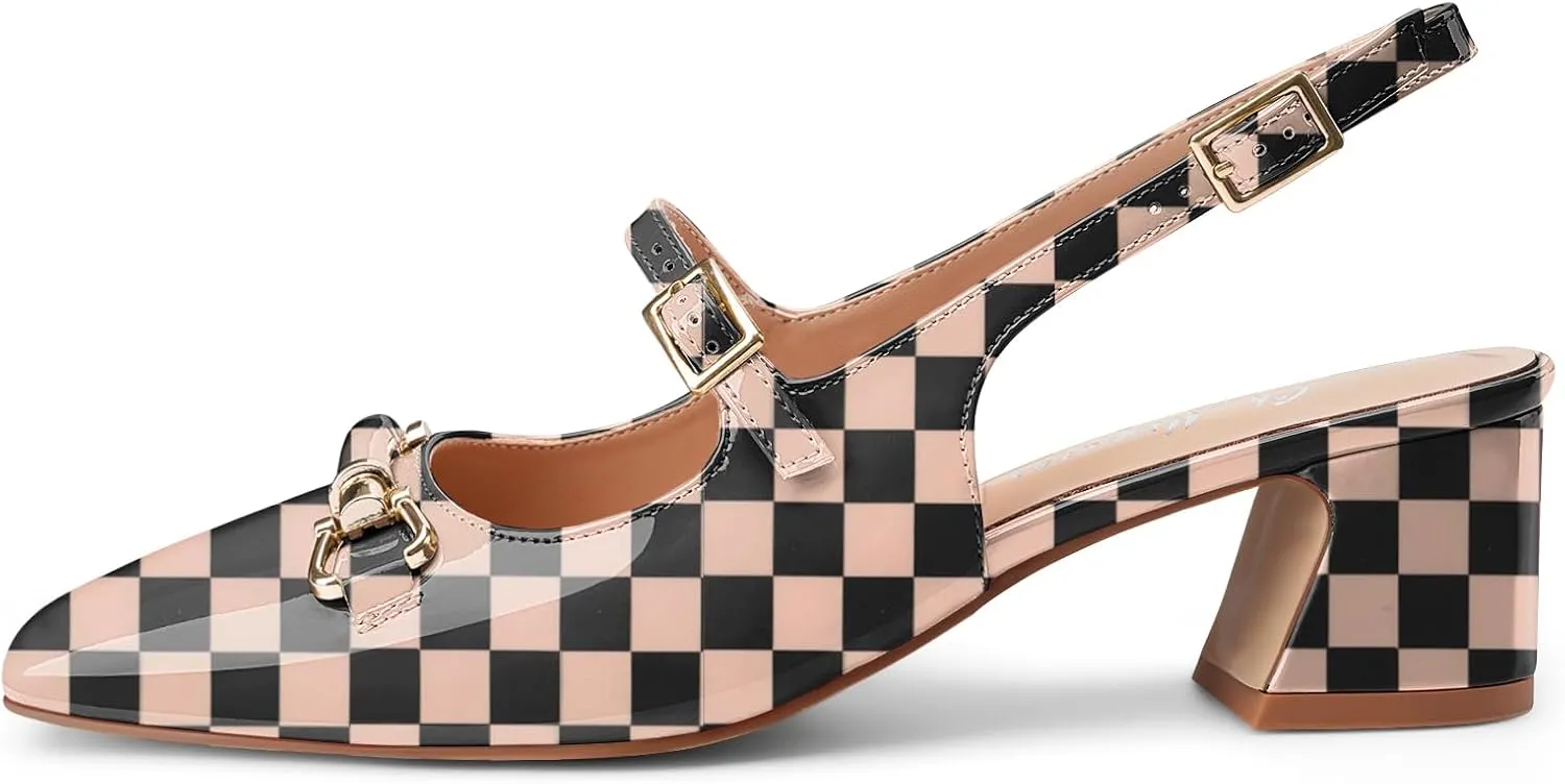 Oh Mispares Slingbacks Block Heels for Women Square Toe Low Heels Adjustable Buckle Strap Slip on Fashion Slingback Spring Summer Dress Pumps