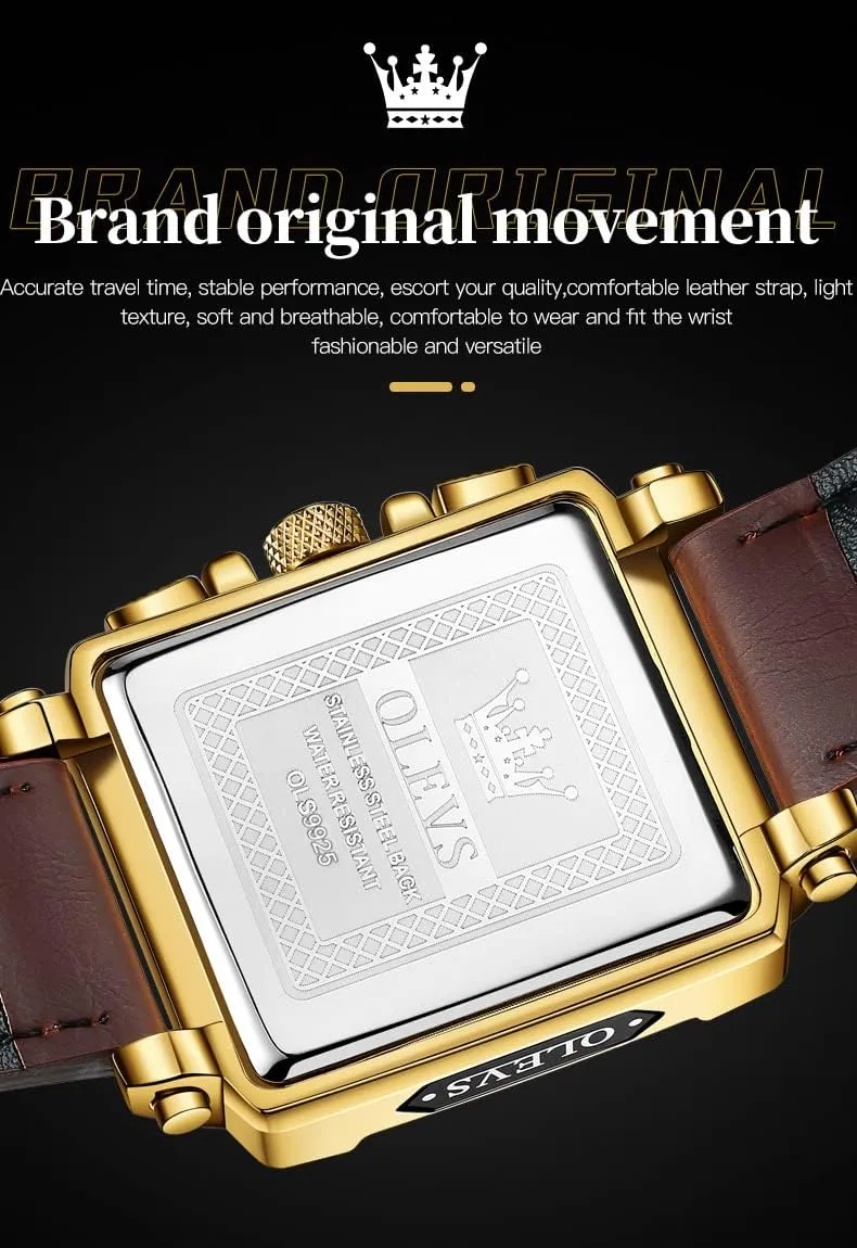 OLEVS Square Watches for Men Brown Leather Chronograph Fashion Business Watch Luminous Waterproof Casual Wrist Watches