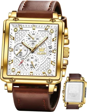 OLEVS Square Watches for Men Brown Leather Chronograph Fashion Business Watch Luminous Waterproof Casual Wrist Watches