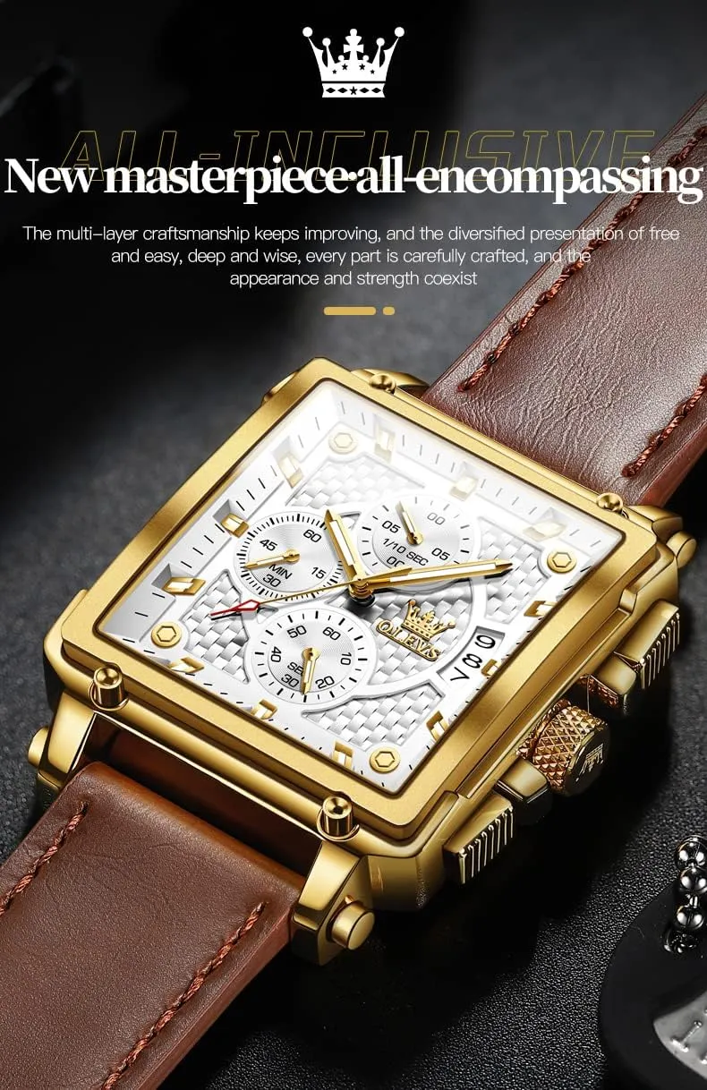 OLEVS Square Watches for Men Brown Leather Chronograph Fashion Business Watch Luminous Waterproof Casual Wrist Watches