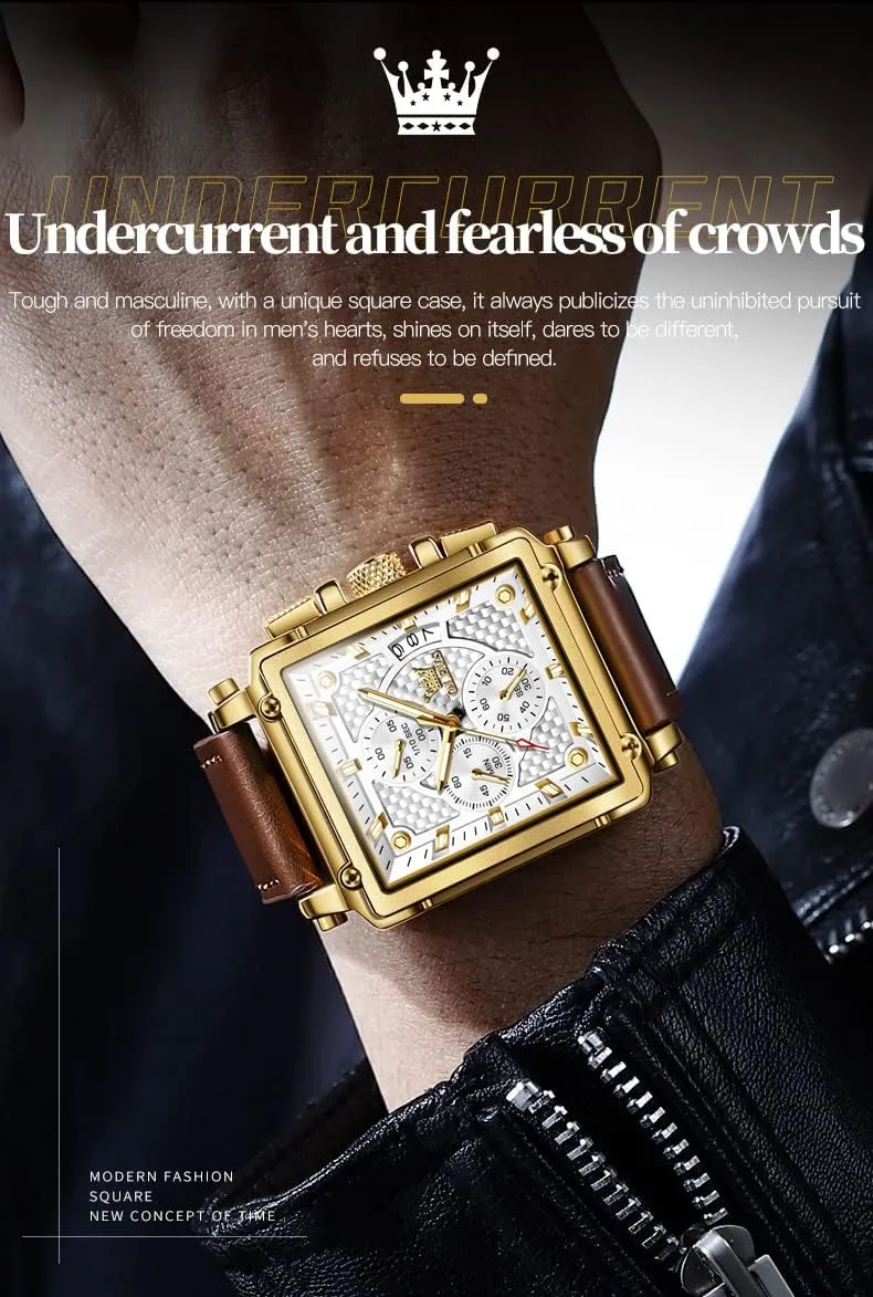 OLEVS Square Watches for Men Brown Leather Chronograph Fashion Business Watch Luminous Waterproof Casual Wrist Watches