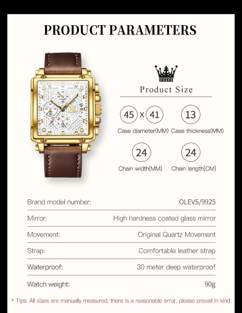 OLEVS Square Watches for Men Brown Leather Chronograph Fashion Business Watch Luminous Waterproof Casual Wrist Watches