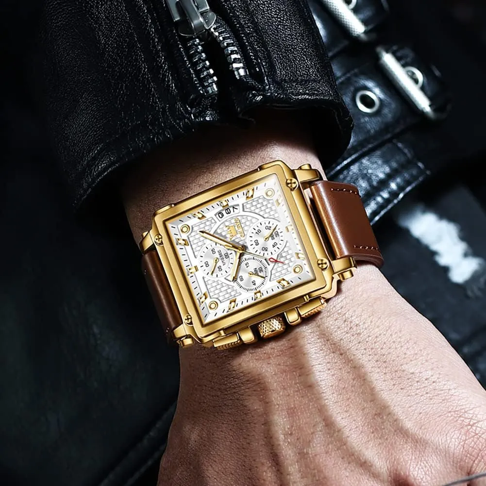OLEVS Square Watches for Men Brown Leather Chronograph Fashion Business Watch Luminous Waterproof Casual Wrist Watches