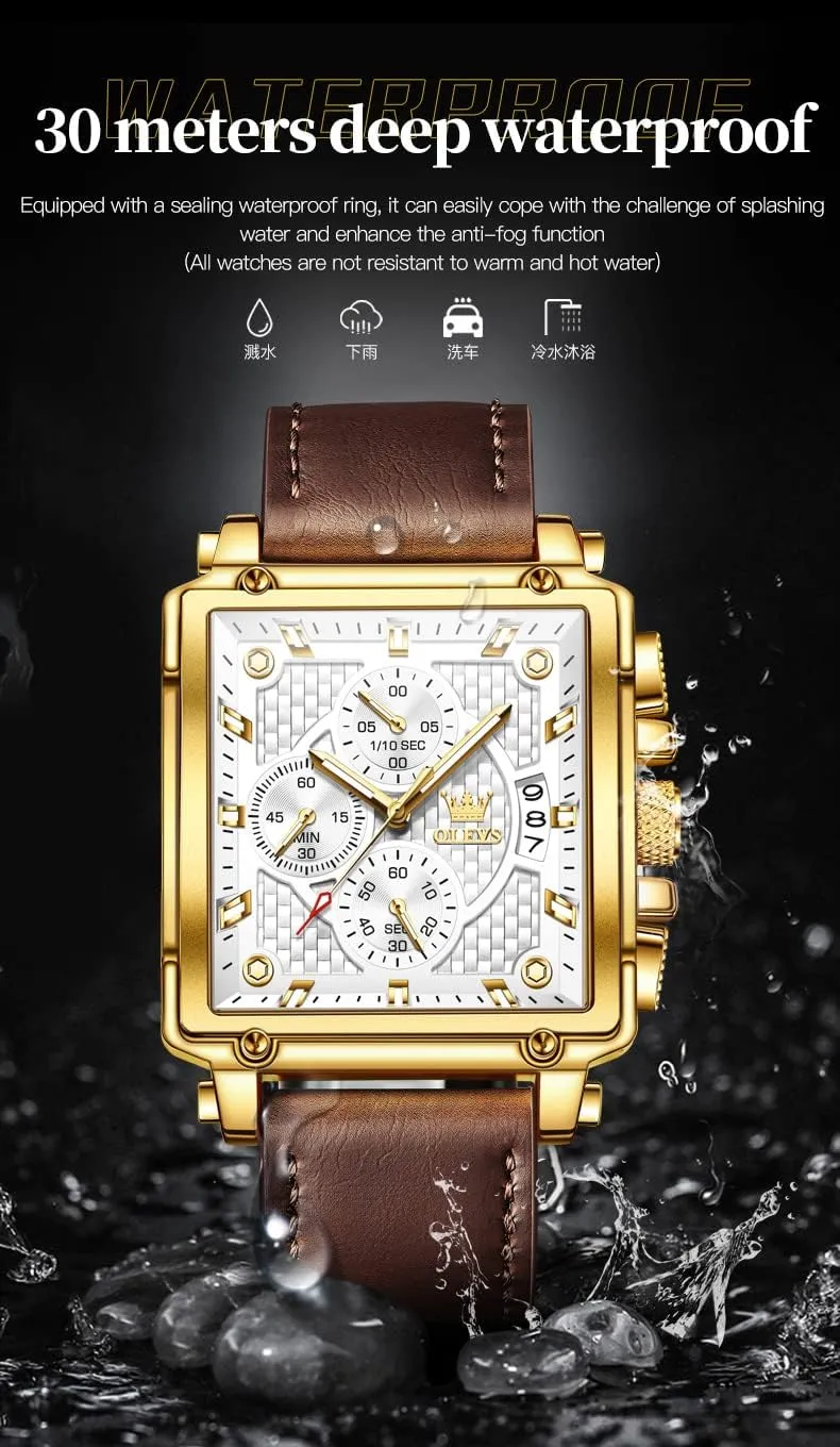 OLEVS Square Watches for Men Brown Leather Chronograph Fashion Business Watch Luminous Waterproof Casual Wrist Watches