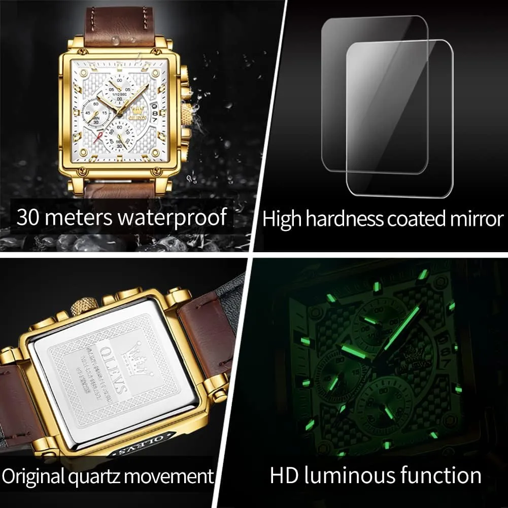 OLEVS Square Watches for Men Brown Leather Chronograph Fashion Business Watch Luminous Waterproof Casual Wrist Watches