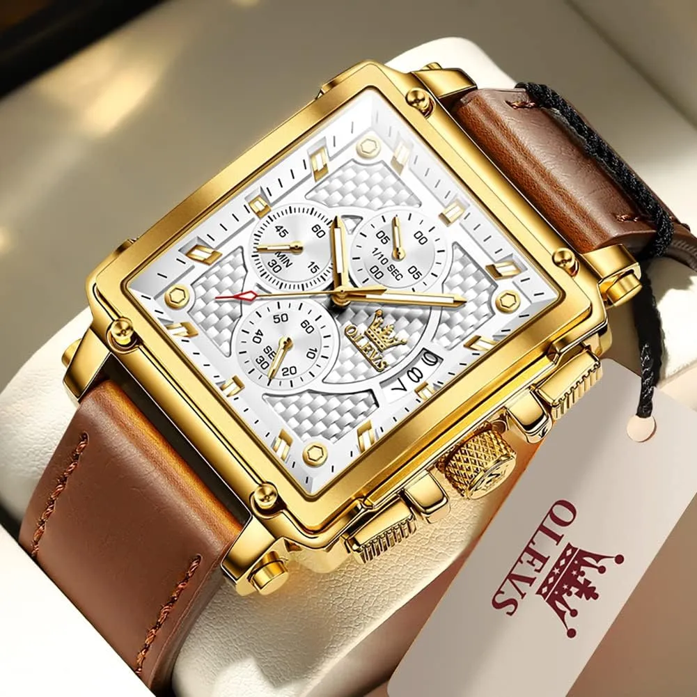 OLEVS Square Watches for Men Brown Leather Chronograph Fashion Business Watch Luminous Waterproof Casual Wrist Watches
