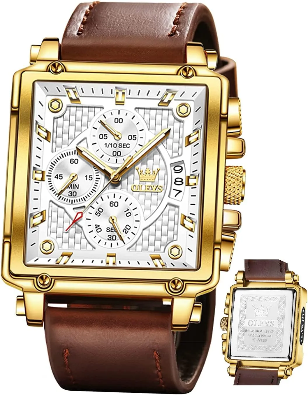 OLEVS Square Watches for Men Brown Leather Chronograph Fashion Business Watch Luminous Waterproof Casual Wrist Watches