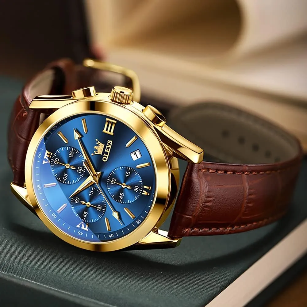 OLEVS Watch for Men Chronograph Brown Leather Gold Case Analog Quartz Fashion Business Dress Large Face Men Watch Day Date Luminous Waterproof Casual Male Wrist Watch Black/Blue/White Dial