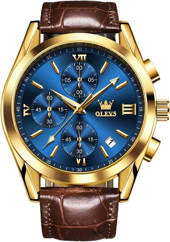 OLEVS Watch for Men Chronograph Brown Leather Gold Case Analog Quartz Fashion Business Dress Large Face Men Watch Day Date Luminous Waterproof Casual Male Wrist Watch Black/Blue/White Dial
