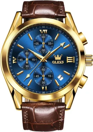 OLEVS Watch for Men Chronograph Brown Leather Gold Case Analog Quartz Fashion Business Dress Large Face Men Watch Day Date Luminous Waterproof Casual Male Wrist Watch Black/Blue/White Dial