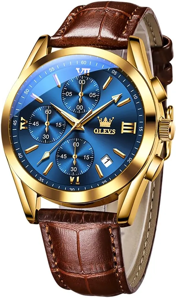 OLEVS Watch for Men Chronograph Brown Leather Gold Case Analog Quartz Fashion Business Dress Large Face Men Watch Day Date Luminous Waterproof Casual Male Wrist Watch Black/Blue/White Dial