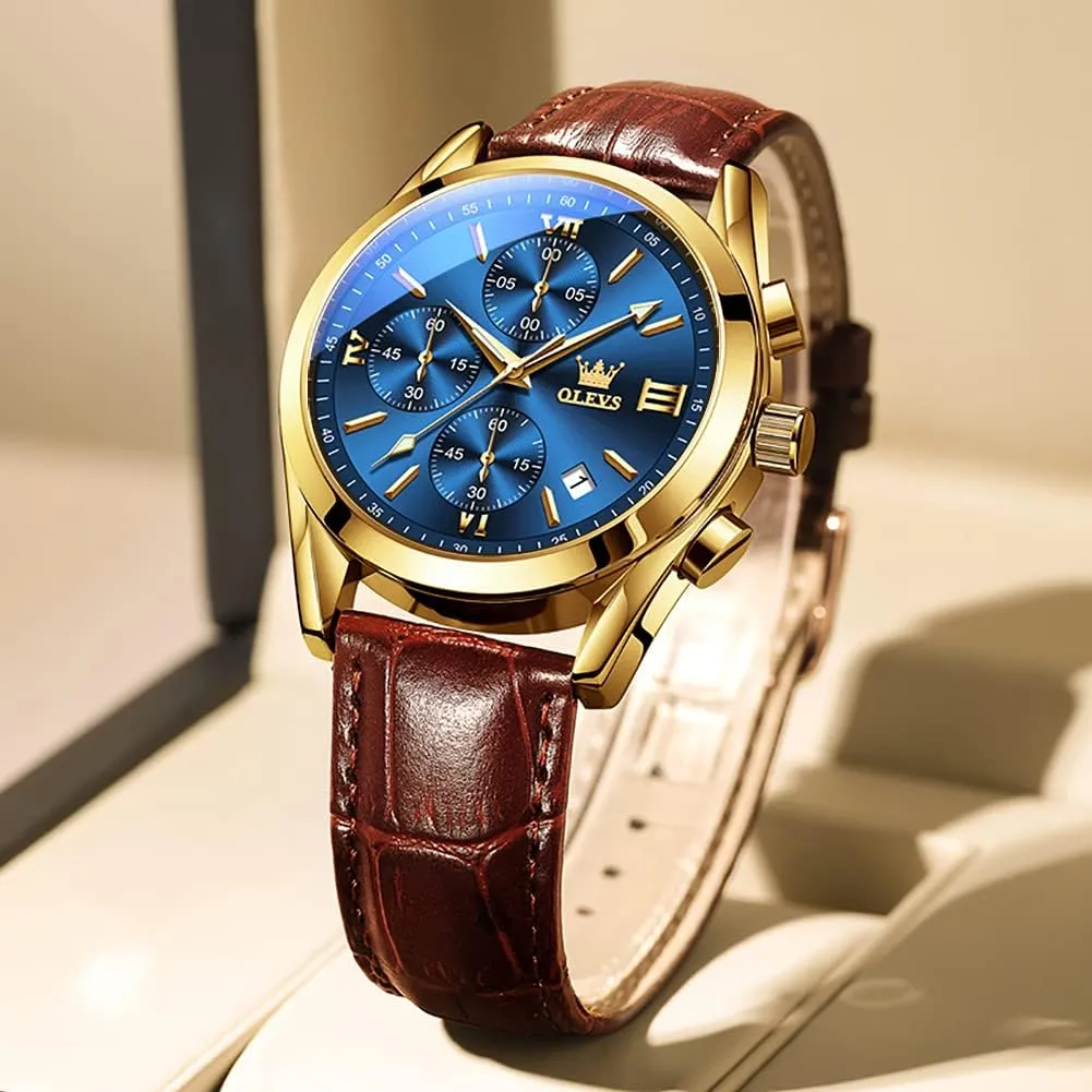 OLEVS Watch for Men Chronograph Brown Leather Gold Case Analog Quartz Fashion Business Dress Large Face Men Watch Day Date Luminous Waterproof Casual Male Wrist Watch Black/Blue/White Dial